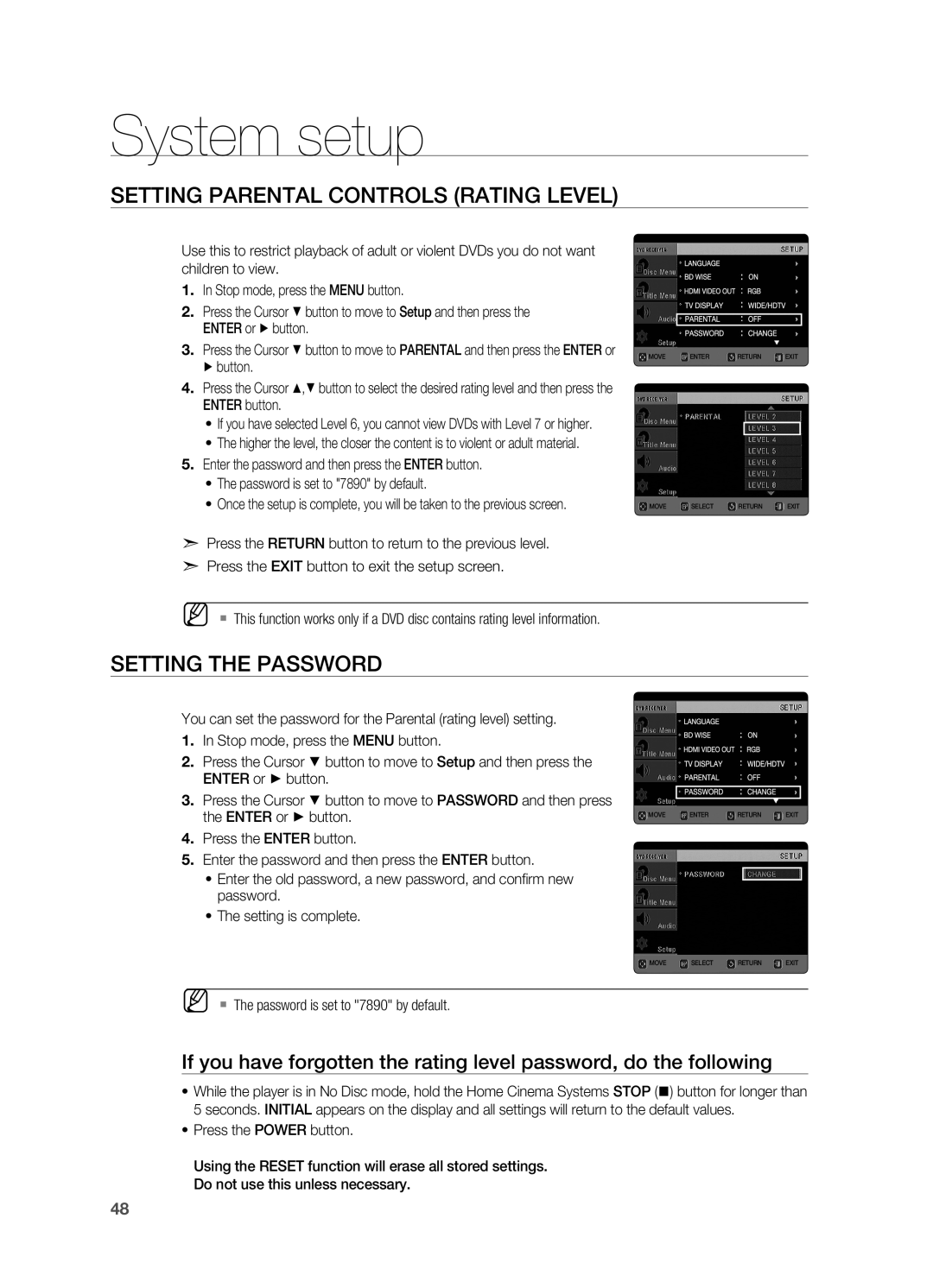 Samsung HT-X725G, HT-TX725G user manual Setting Parental Controls Rating Level, Setting the Password, System setup 
