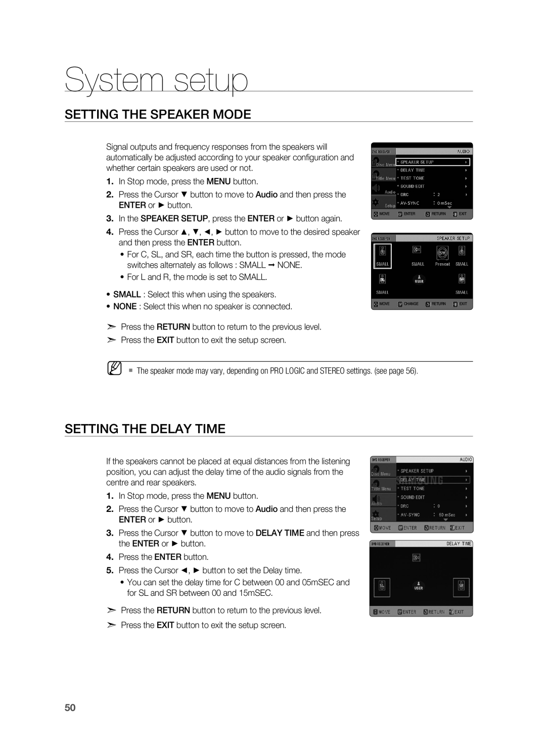 Samsung HT-TX725G, HT-X725G user manual Setting the SPEAKER MODE, Setting the Delay Time, System setup 