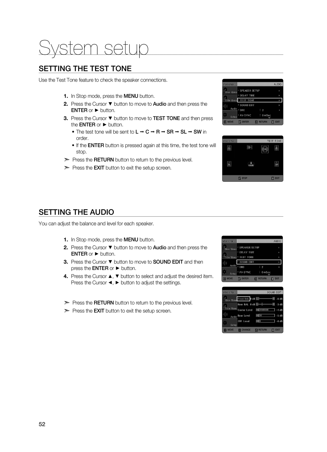 Samsung HT-X725G, HT-TX725G user manual Setting the Test Tone, Setting the Audio, System setup 