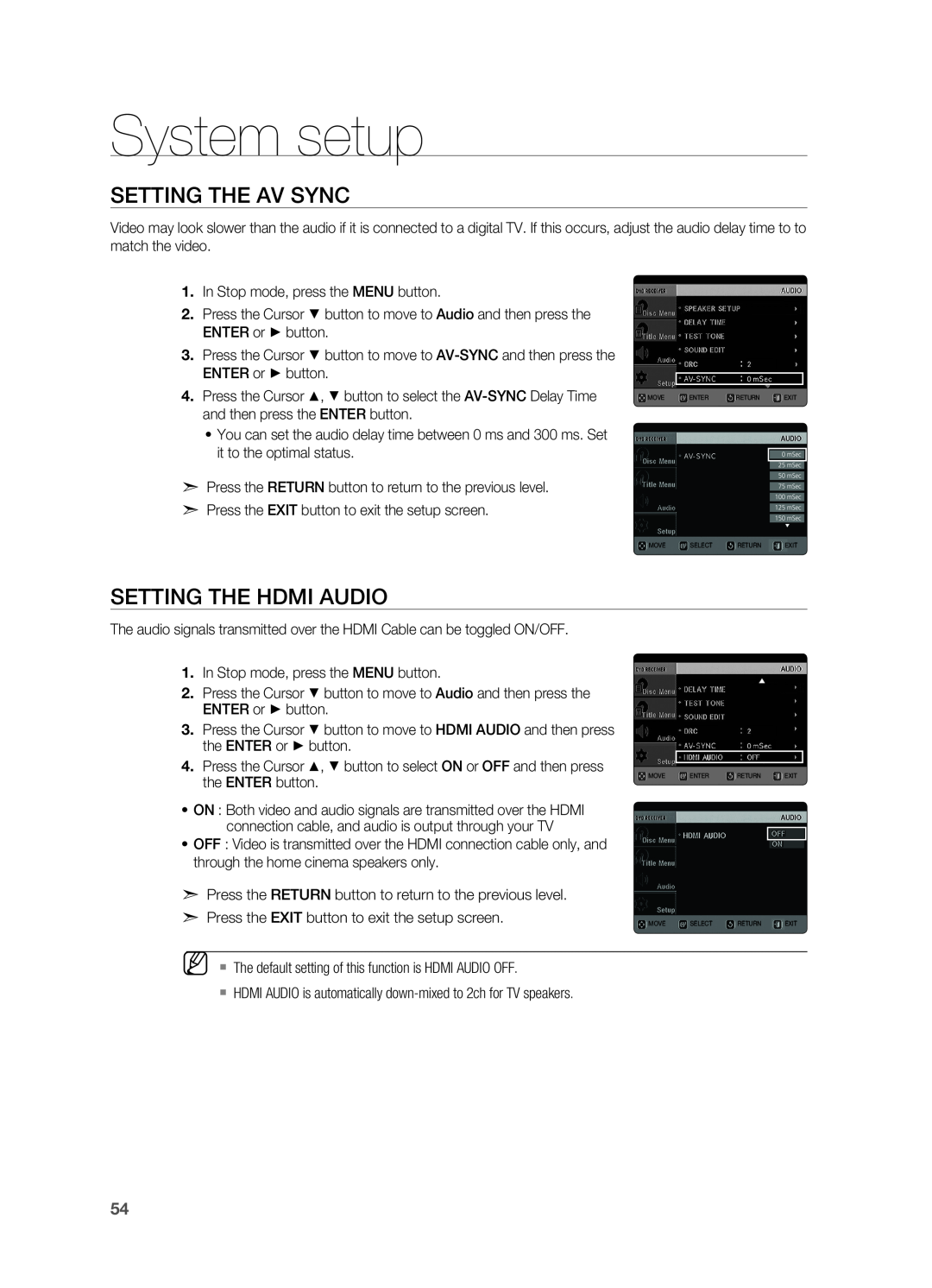 Samsung HT-TX725G, HT-X725G user manual Setting the AV SYNC, Setting the HDMI Audio, System setup 