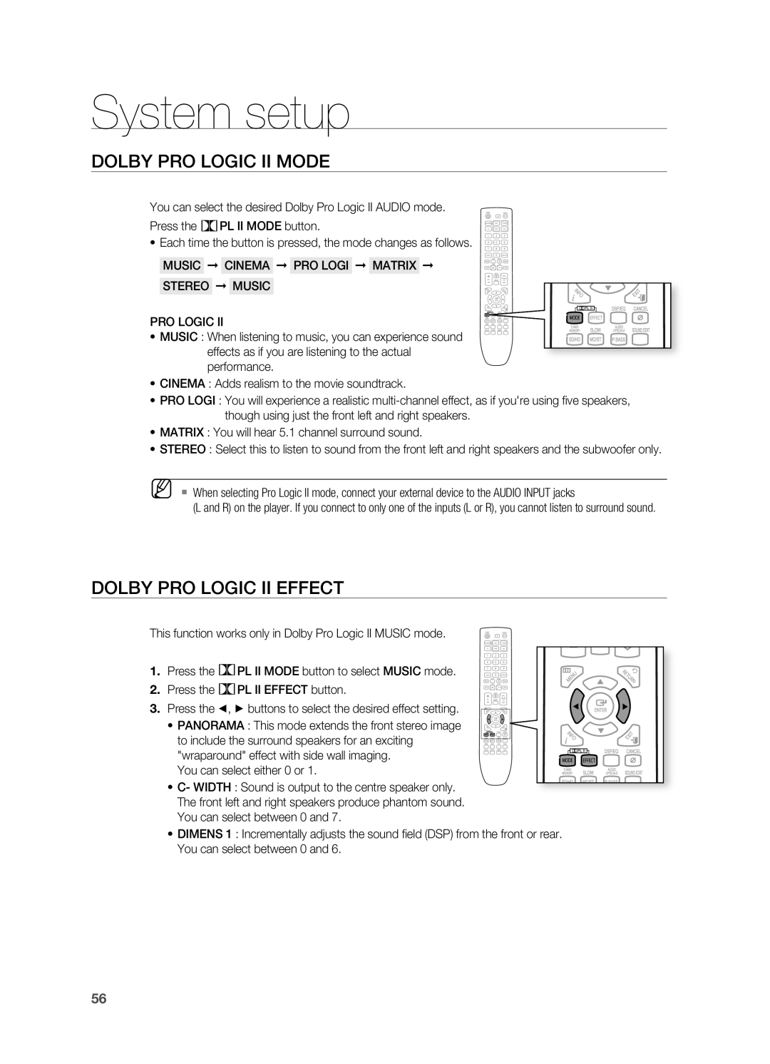 Samsung HT-X725G, HT-TX725G user manual DOLBY PrO LOGIC II MODE, DOLBY PrO LOGIC II EFFECT, System setup 