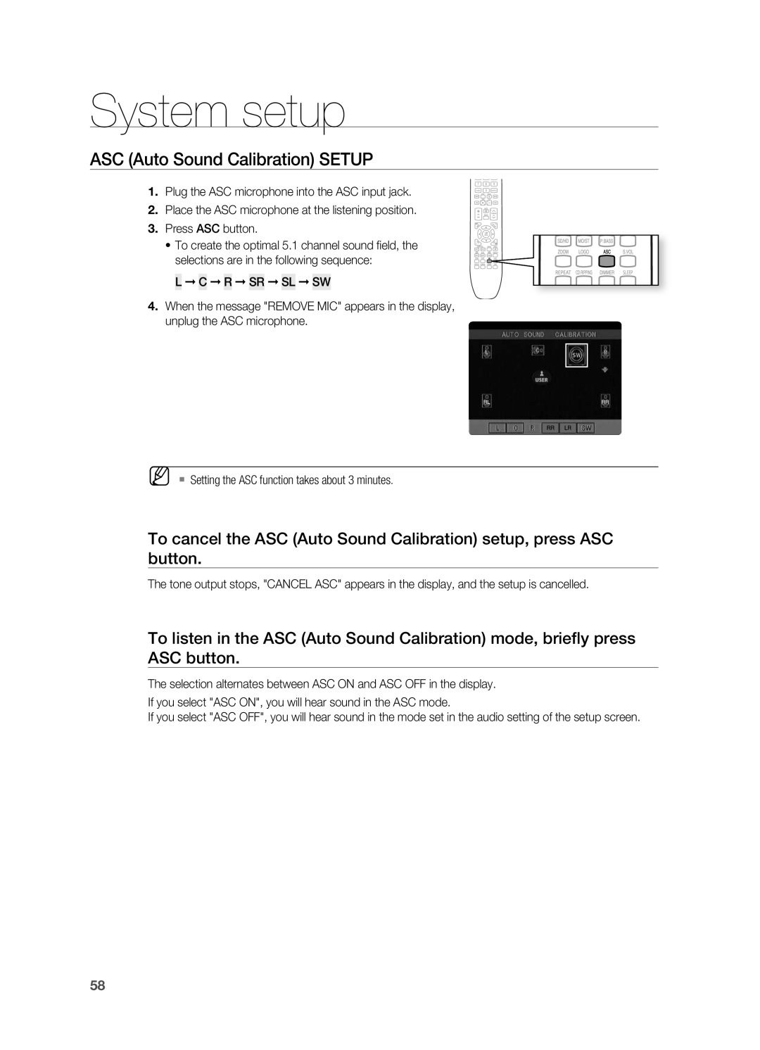 Samsung HT-TX725G, HT-X725G user manual System setup, ASC Auto Sound Calibration SETUP, L C r Sr SL SW 