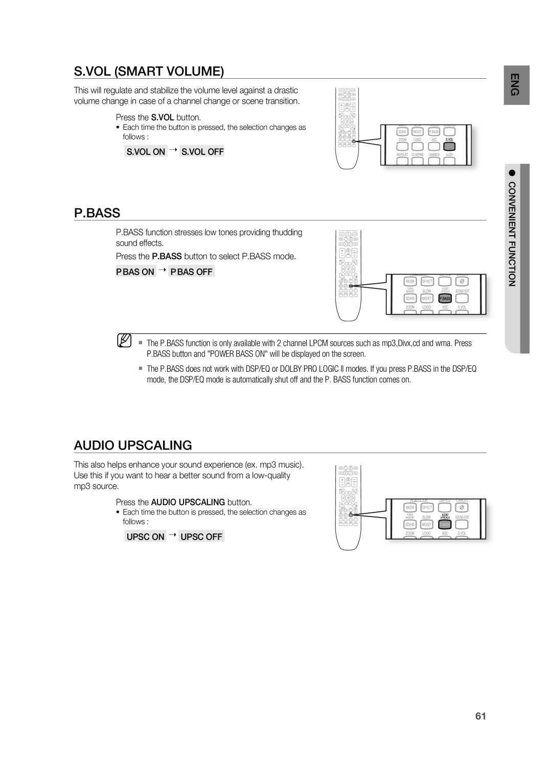 Samsung HT-X725G, HT-TX725G user manual S.VOL SMArT VOLUME, P.Bass, Audio Upscaling 