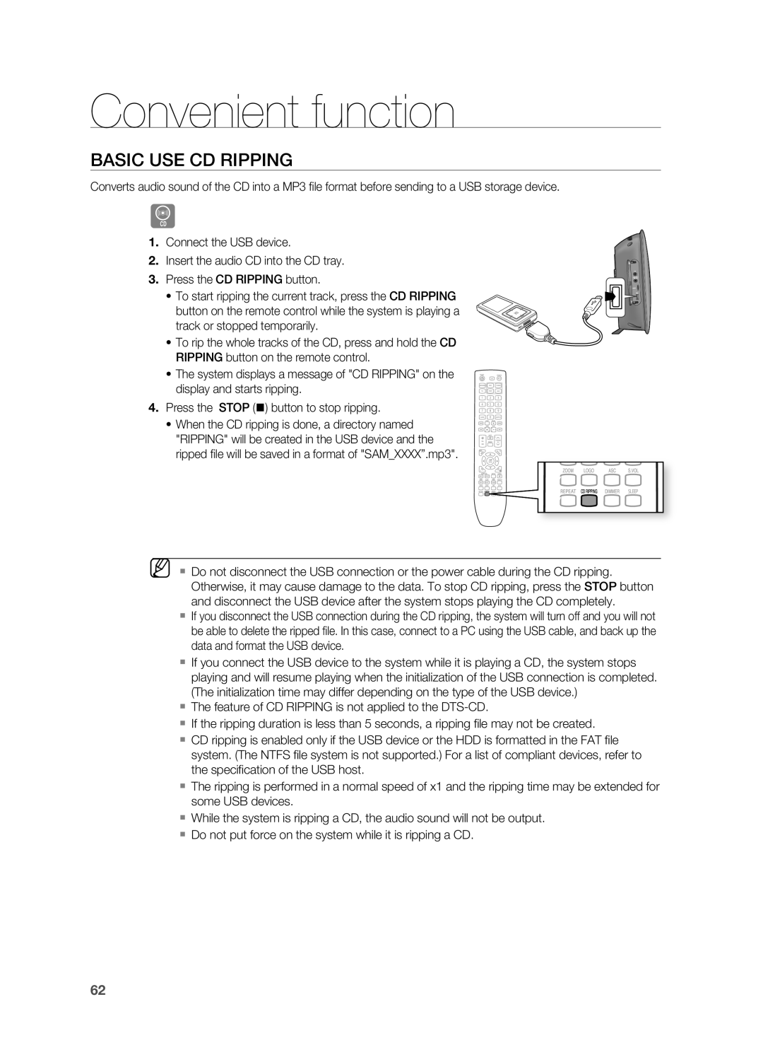 Samsung HT-TX725G, HT-X725G user manual BASIC USE CD rIPPING, Convenient function 