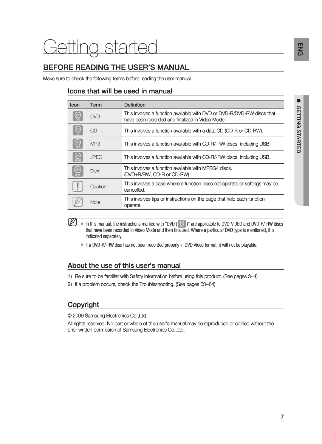 Samsung HT-X725G, HT-TX725G user manual Getting started, Before Reading the User’s Manual 