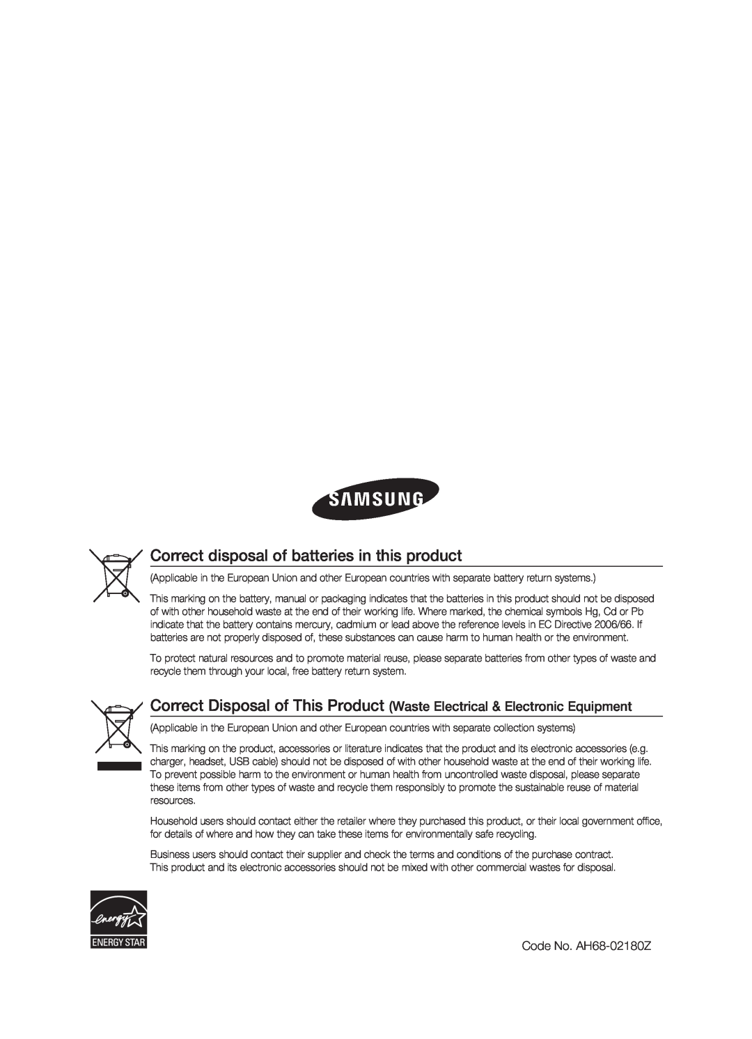 Samsung HT-TX725G, HT-X725G user manual Correct disposal of batteries in this product, Code No. AH68-02180Z 