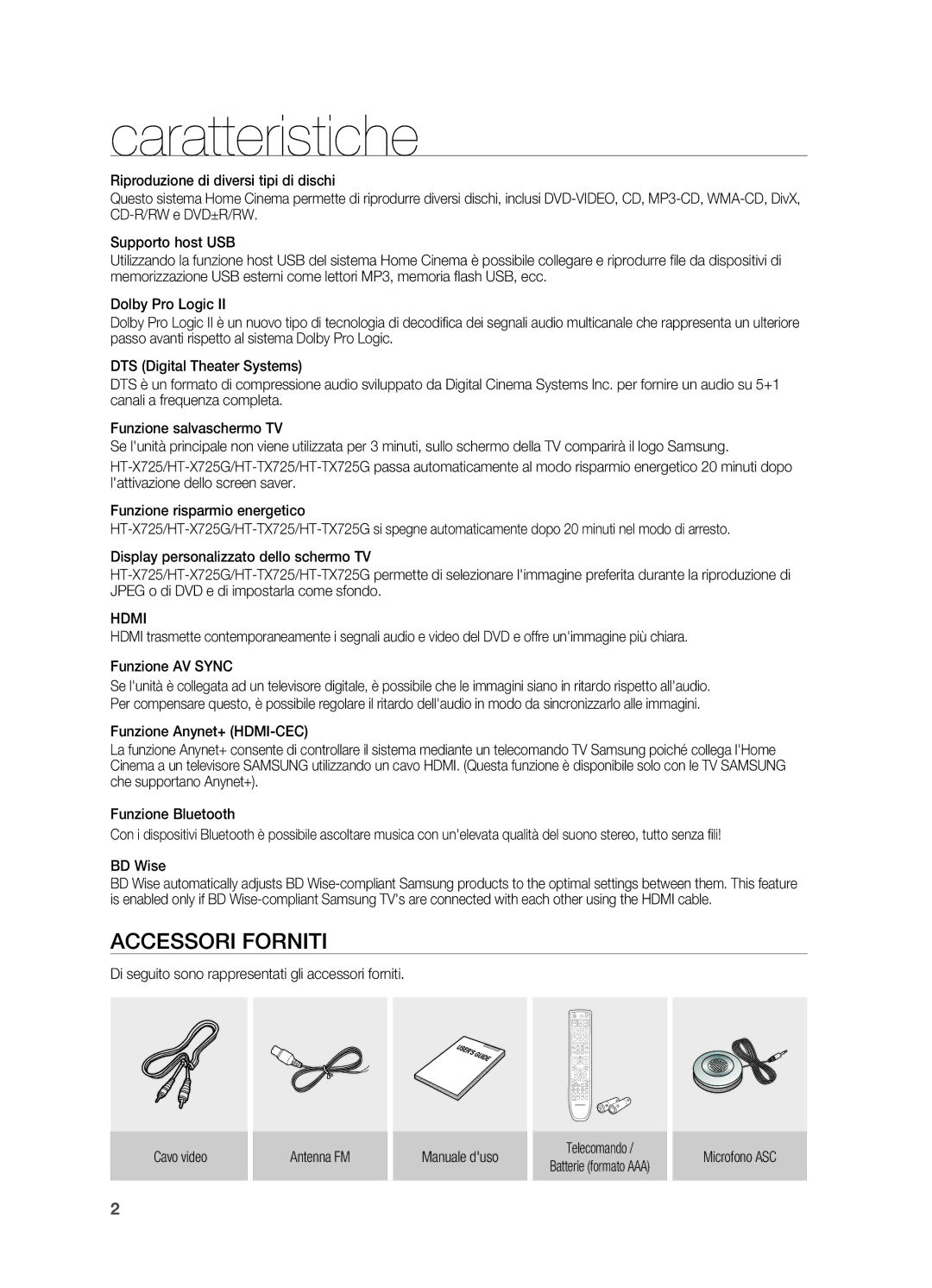 Samsung HT-X725GT/XET manual Caratteristiche, Accessori Forniti, Hdmi 