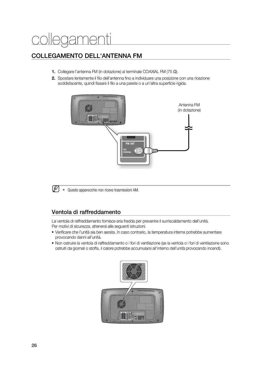 Samsung HT-X725GT/XET manual Collegamento Dellantenna FM, Ventola di raffreddamento 