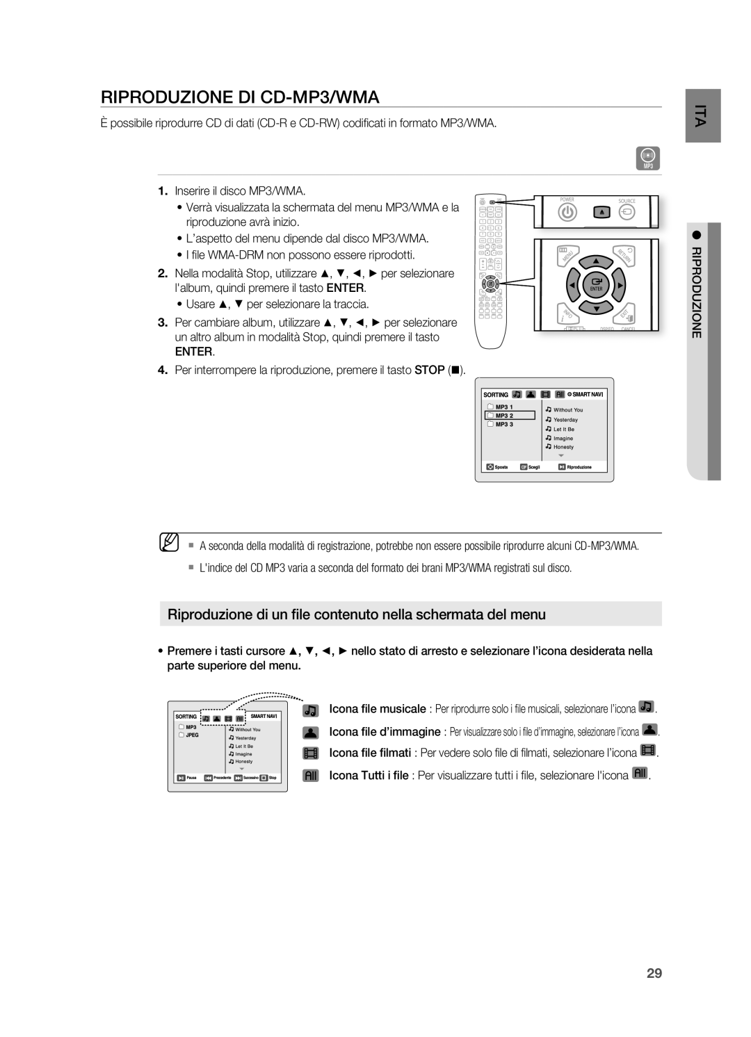 Samsung HT-X725GT/XET manual Riproduzione DI CD-MP3/WMA, ~ Usare $, % per selezionare la traccia, Enter 