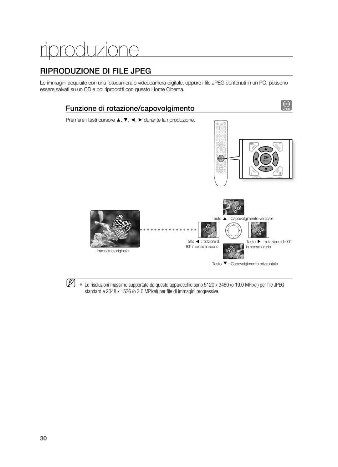 Samsung HT-X725GT/XET manual Riproduzione DI File Jpeg, Funzione di rotazione/capovolgimento 