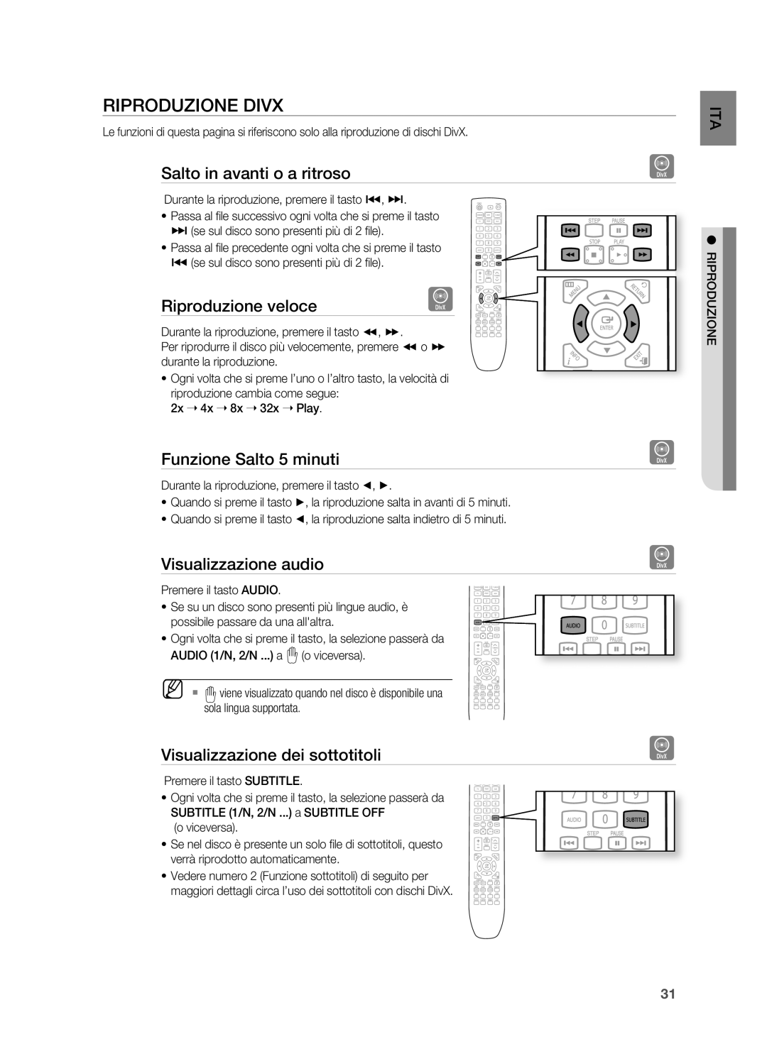 Samsung HT-X725GT/XET manual Riproduzione Divx 