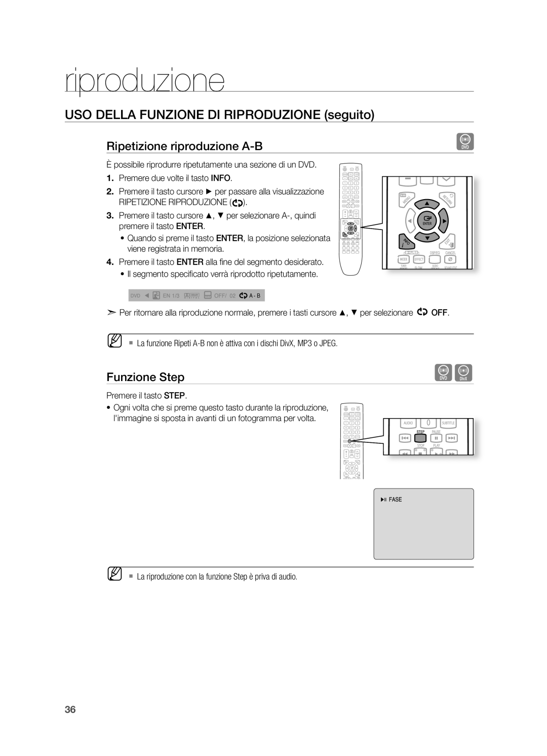 Samsung HT-X725GT/XET manual Ripetizione riproduzione A-B, Funzione Step, Premere il tasto Step 