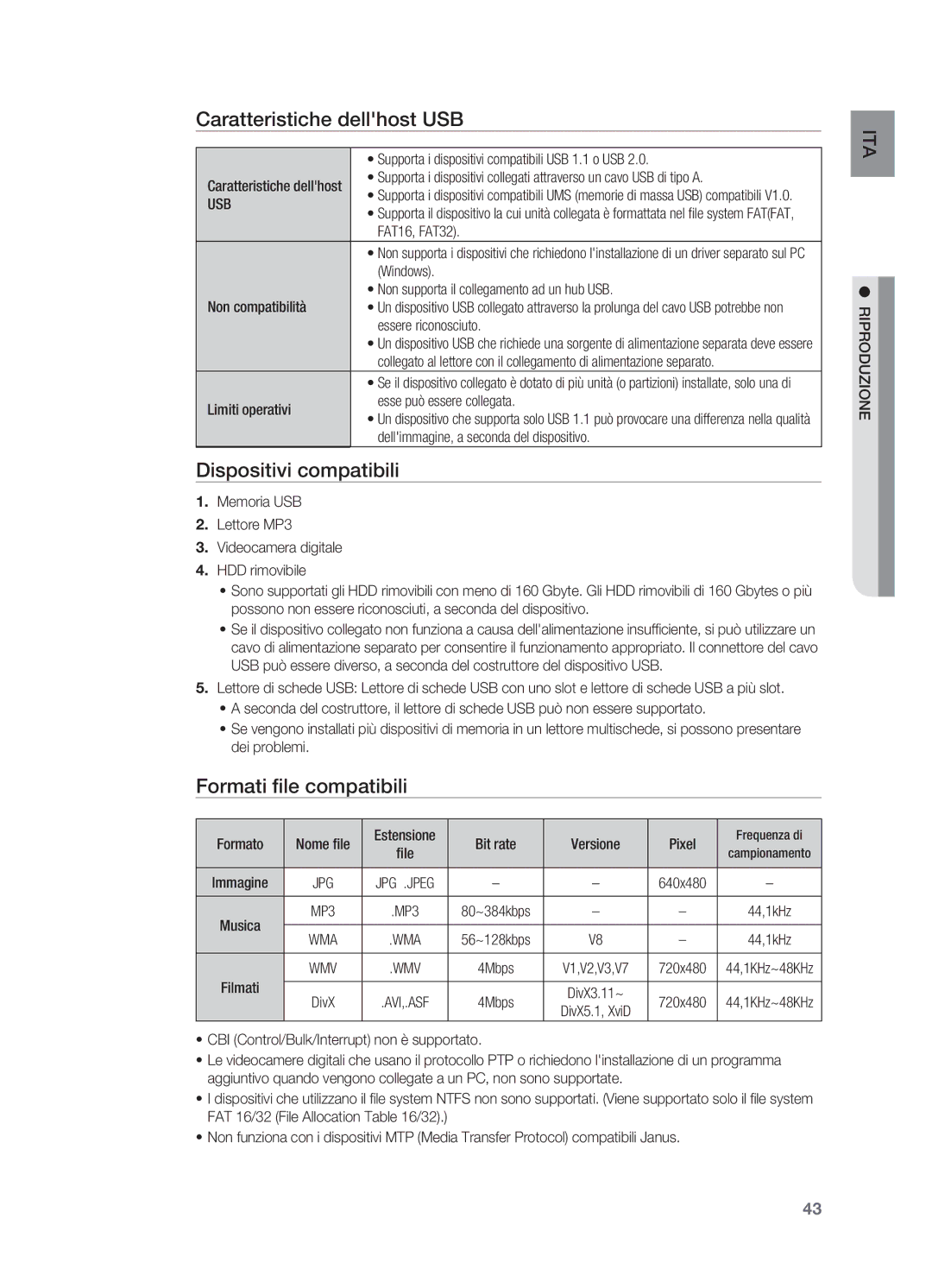 Samsung HT-X725GT/XET manual Caratteristiche dellhost USB, Dispositivi compatibili, Formati file compatibili 