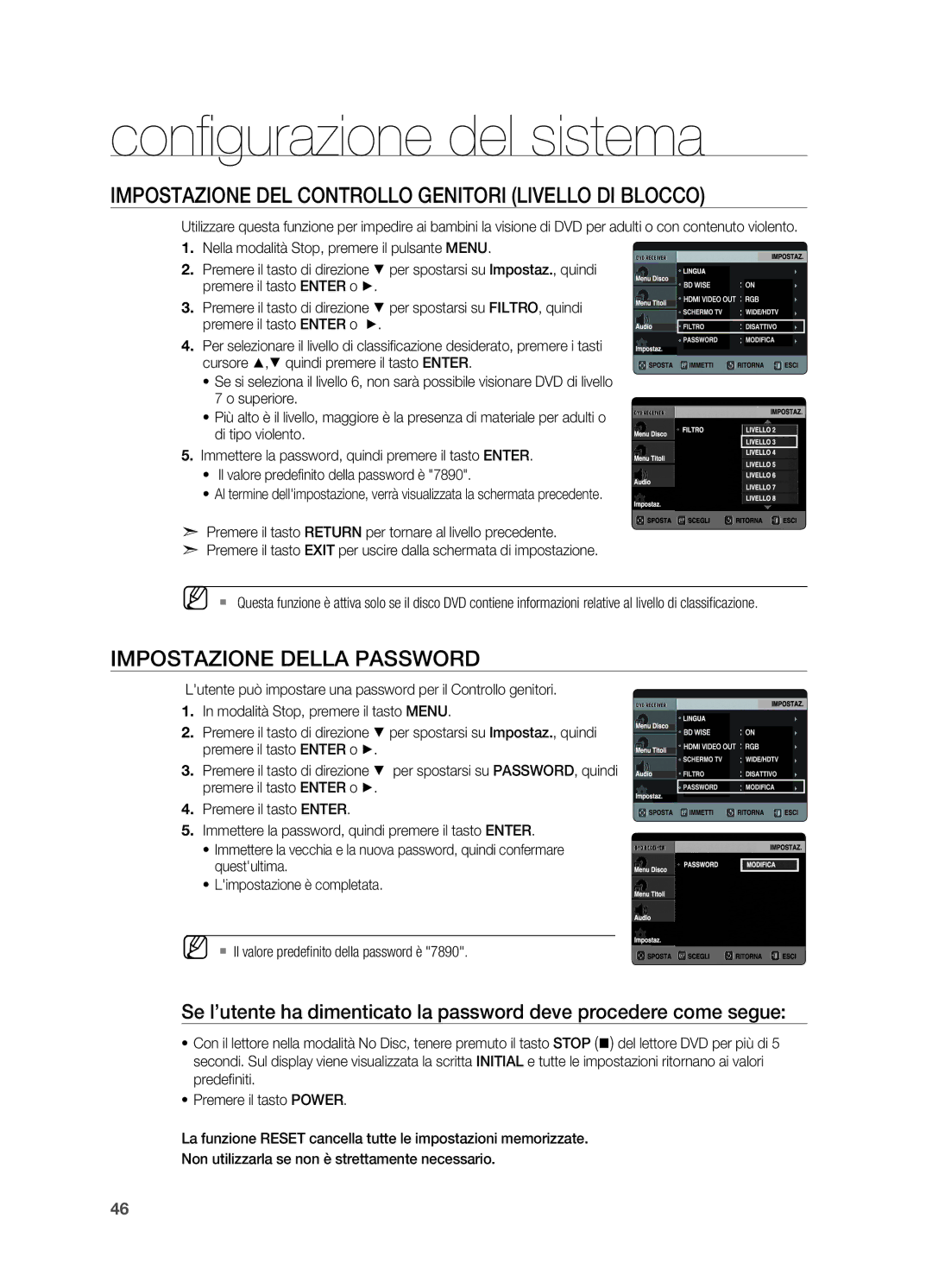 Samsung HT-X725GT/XET manual Impostazione del controllo genitori Livello DI Blocco, Impostazione della password 