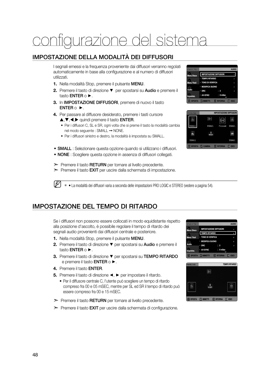 Samsung HT-X725GT/XET manual Impostazione del tempo di ritardo, Impostazione della modalità dei diffusori 