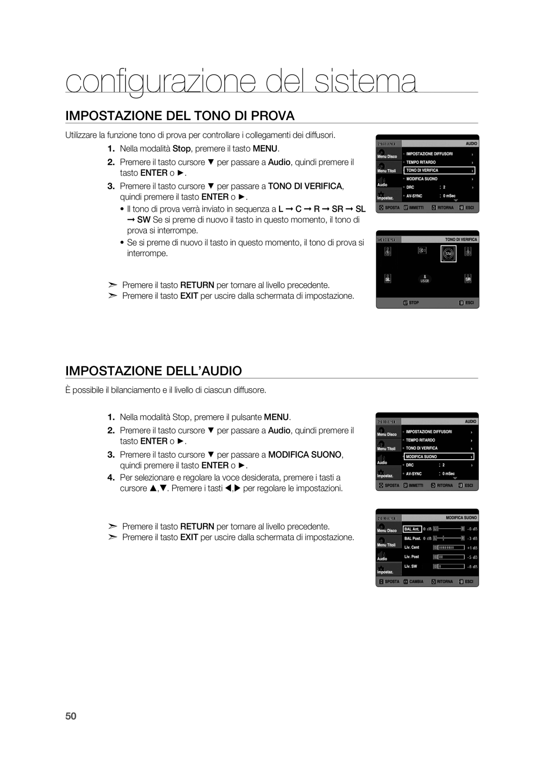 Samsung HT-X725GT/XET manual Impostazione del tono di prova, Impostazione dell’audio 