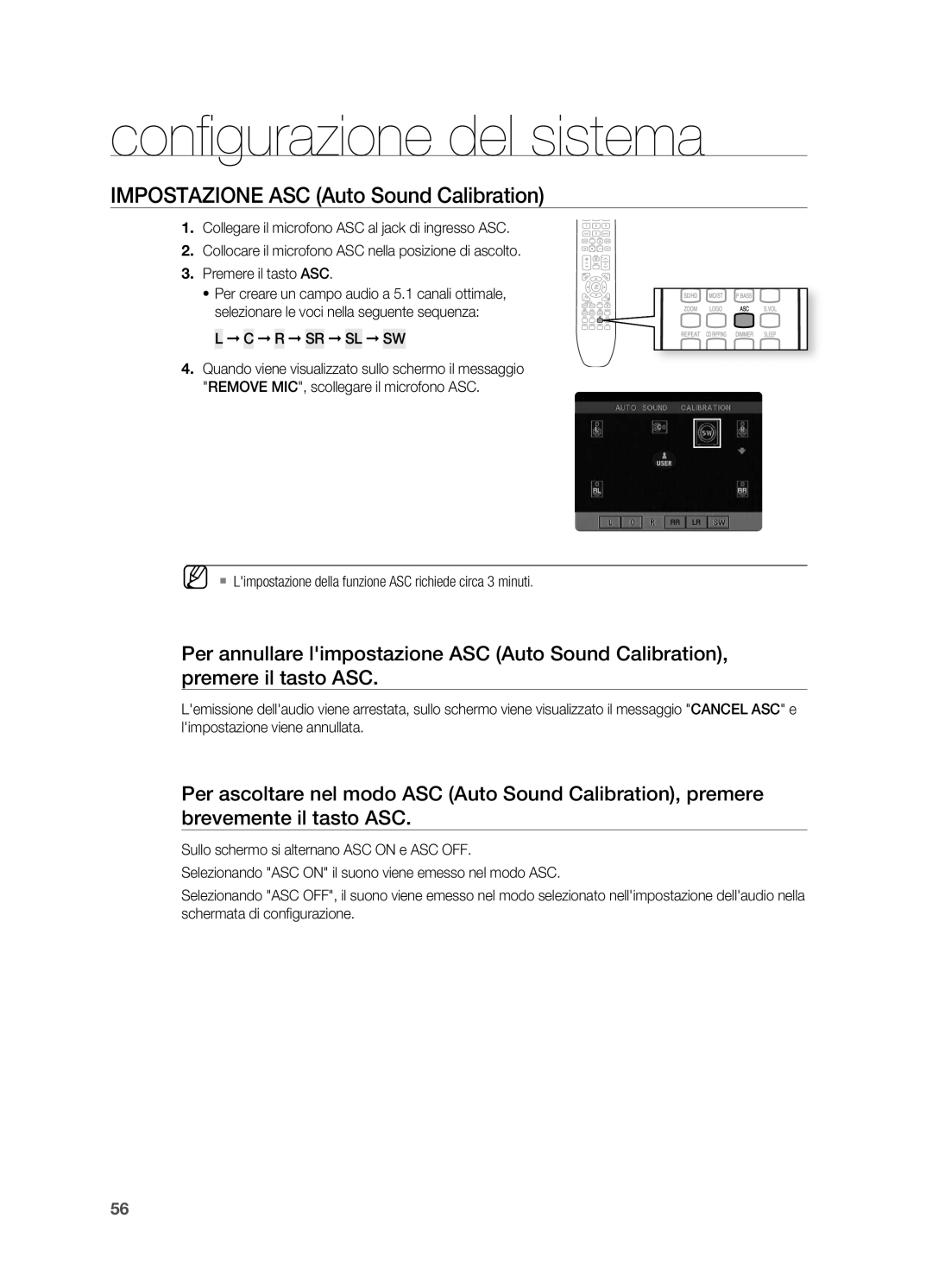 Samsung HT-X725GT/XET manual R Sr Sl Sw, ` Limpostazione della funzione ASC richiede circa 3 minuti 