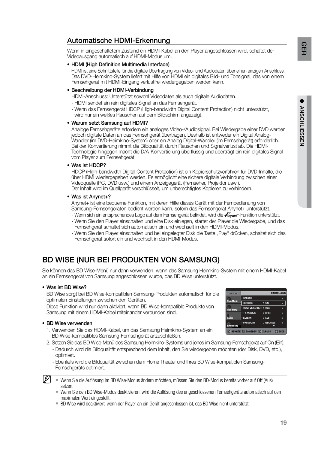 Samsung HT-X729T/XEG BD Wise nur bei Produkten von Samsung, Automatische HDMI-Erkennung, Was ist HDCP?, BD Wise verwenden 