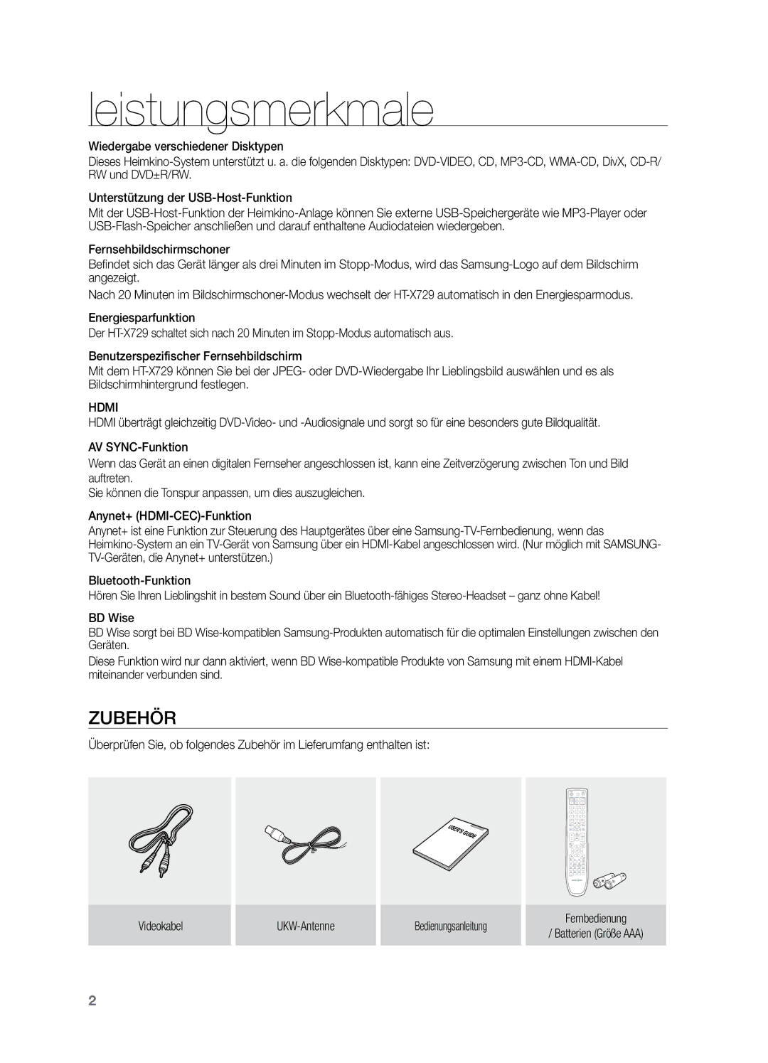 Samsung HT-X729T/XEG manual Leistungsmerkmale, Zubehör, Hdmi 