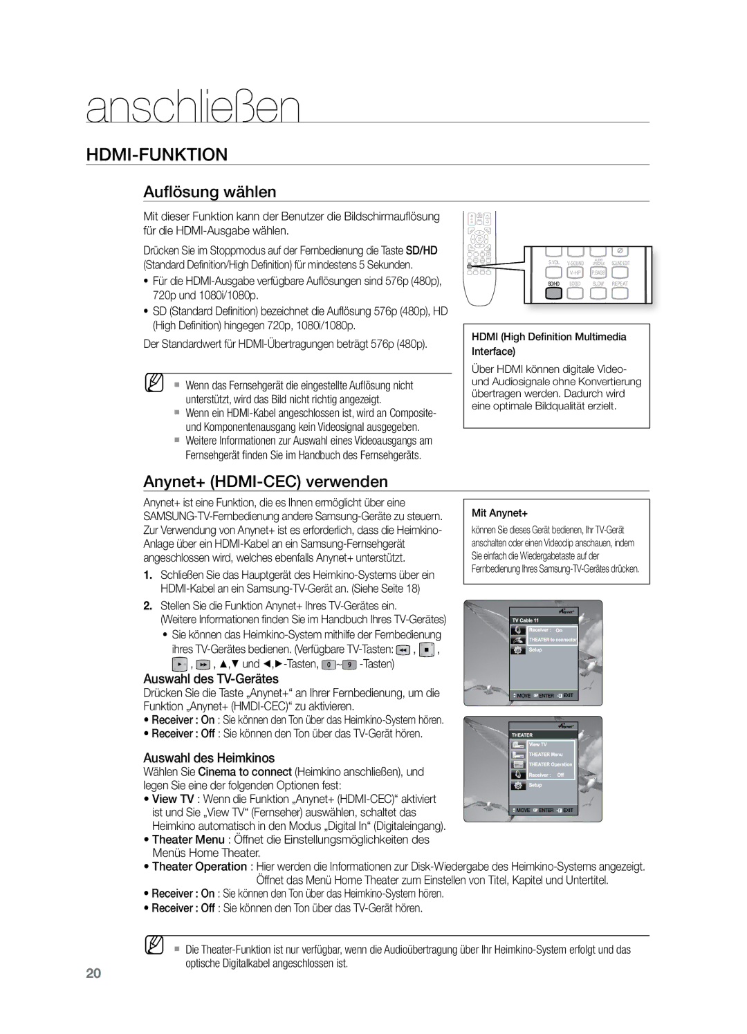 Samsung HT-X729T/XEG manual HDMI-Funktion, Auflösung wählen, Anynet+ HDMI-CEC verwenden, $,%und ,+-Tasten 