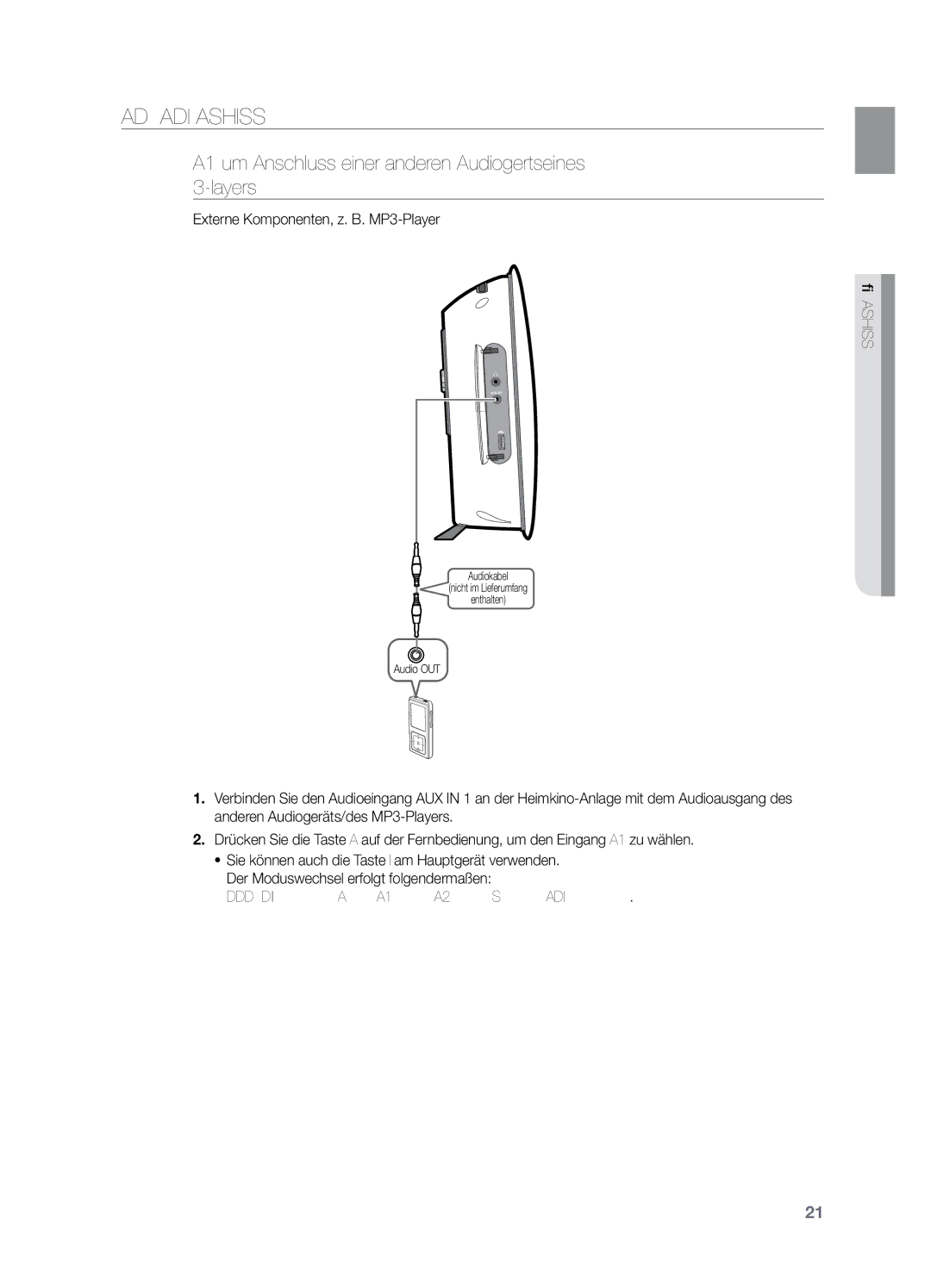 Samsung HT-X729T/XEG manual Andere Geräte Audio anschlieSSen, Externe Komponenten, z. B. MP3-Player 