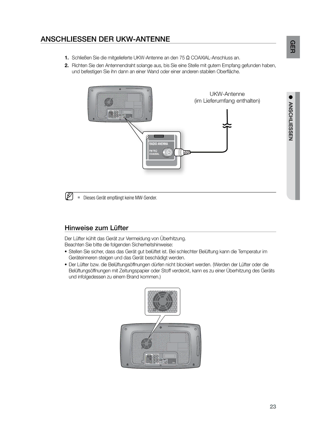 Samsung HT-X729T/XEG manual AnschlieSSen der UKW-Antenne, Hinweise zum Lüfter, MM`` Dieses Gerät empfängt keine MW-Sender 