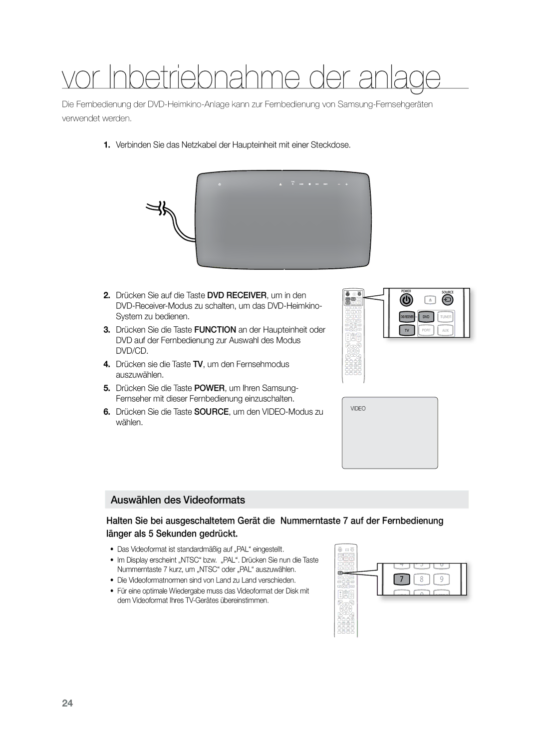 Samsung HT-X729T/XEG manual Vor Inbetriebnahme der anlage, Drücken Sie die Taste SOURCE, um den VIDEO-Modus zu wählen 