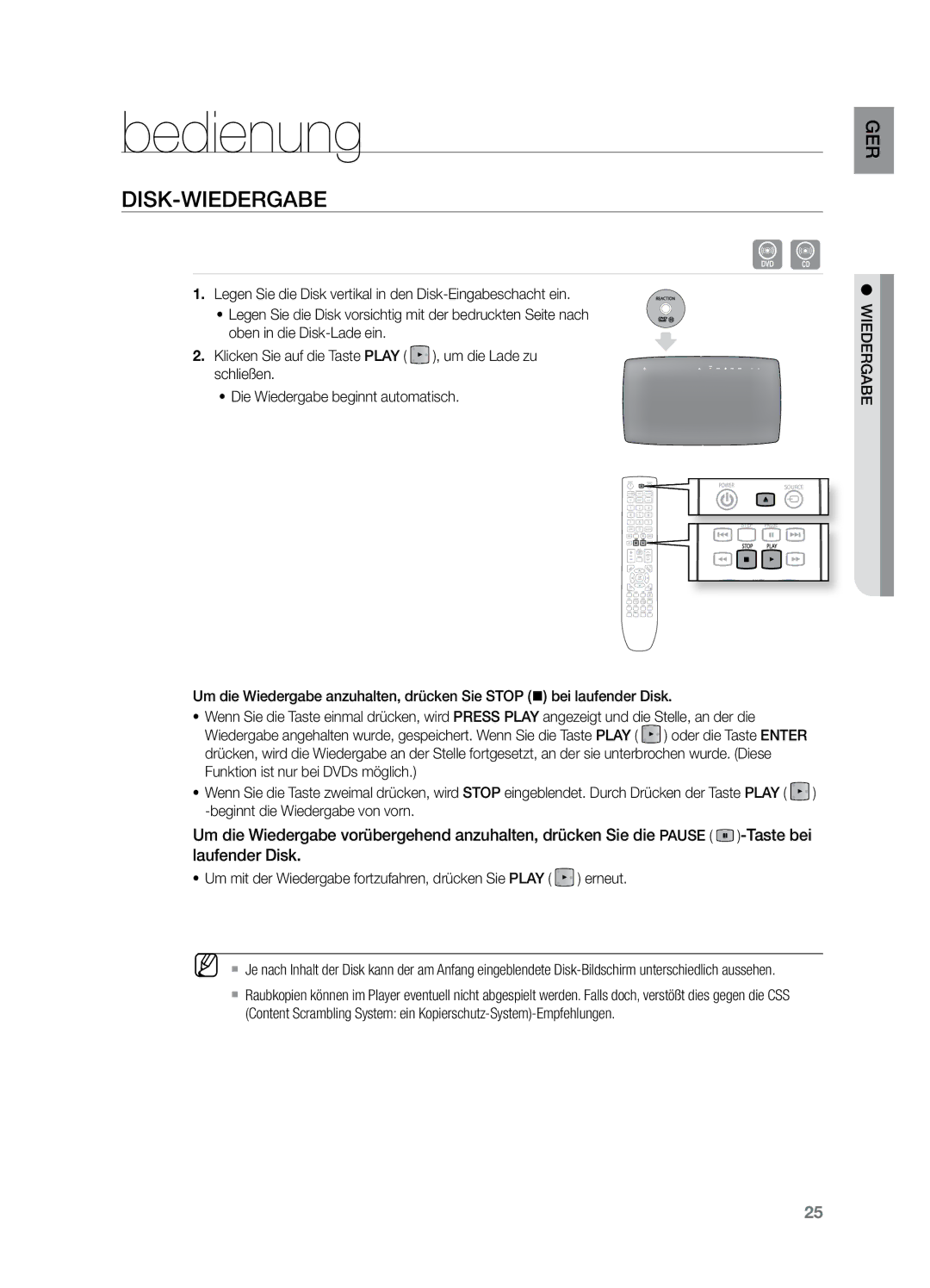 Samsung HT-X729T/XEG manual Bedienung, Disk-Wiedergabe, Um mit der Wiedergabe fortzufahren, drücken Sie Play erneut 