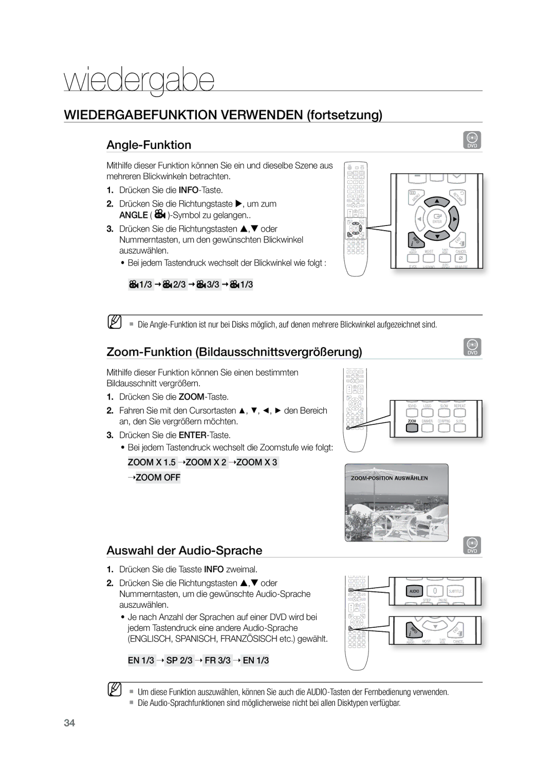 Samsung HT-X729T/XEG manual Angle-Funktion, Zoom-Funktion Bildausschnittsvergrößerung, Auswahl der Audio-Sprache 