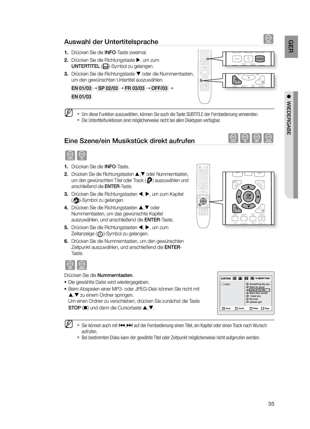 Samsung HT-X729T/XEG manual Auswahl der Untertitelsprache, Eine Szene/ein Musikstück direkt aufrufen 