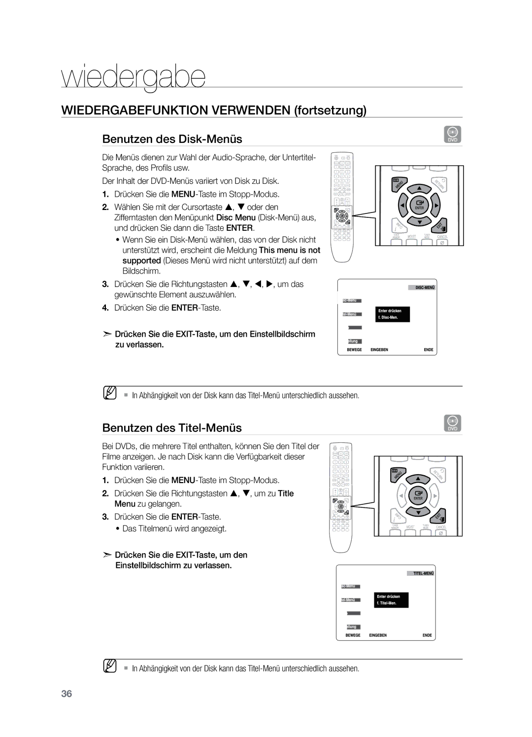 Samsung HT-X729T/XEG manual Benutzen des Disk-Menüs, Benutzen des Titel-Menüs 