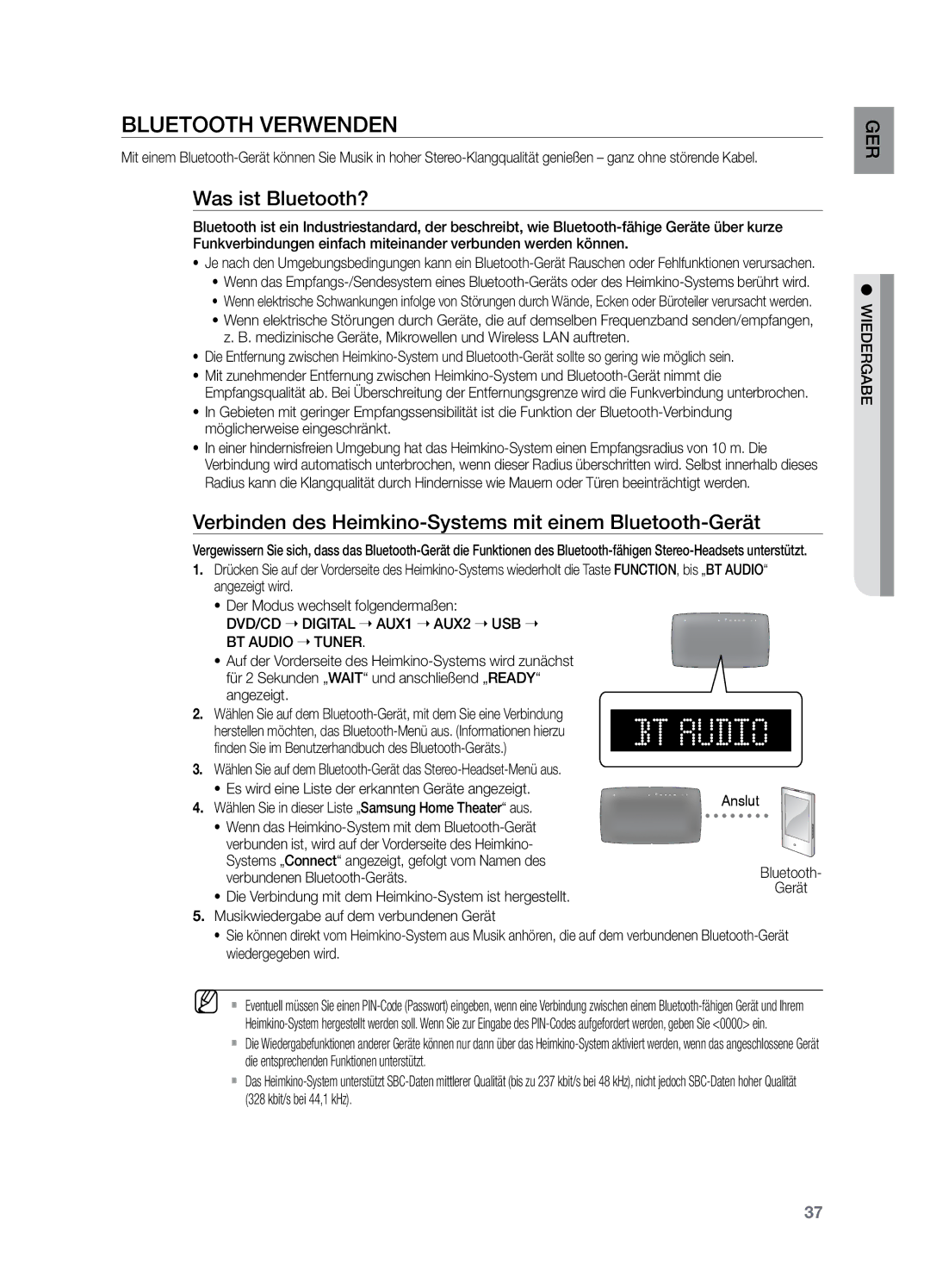 Samsung HT-X729T/XEG Bluetooth verwenden, Was ist Bluetooth?, Verbinden des Heimkino-Systems mit einem Bluetooth-Gerät 