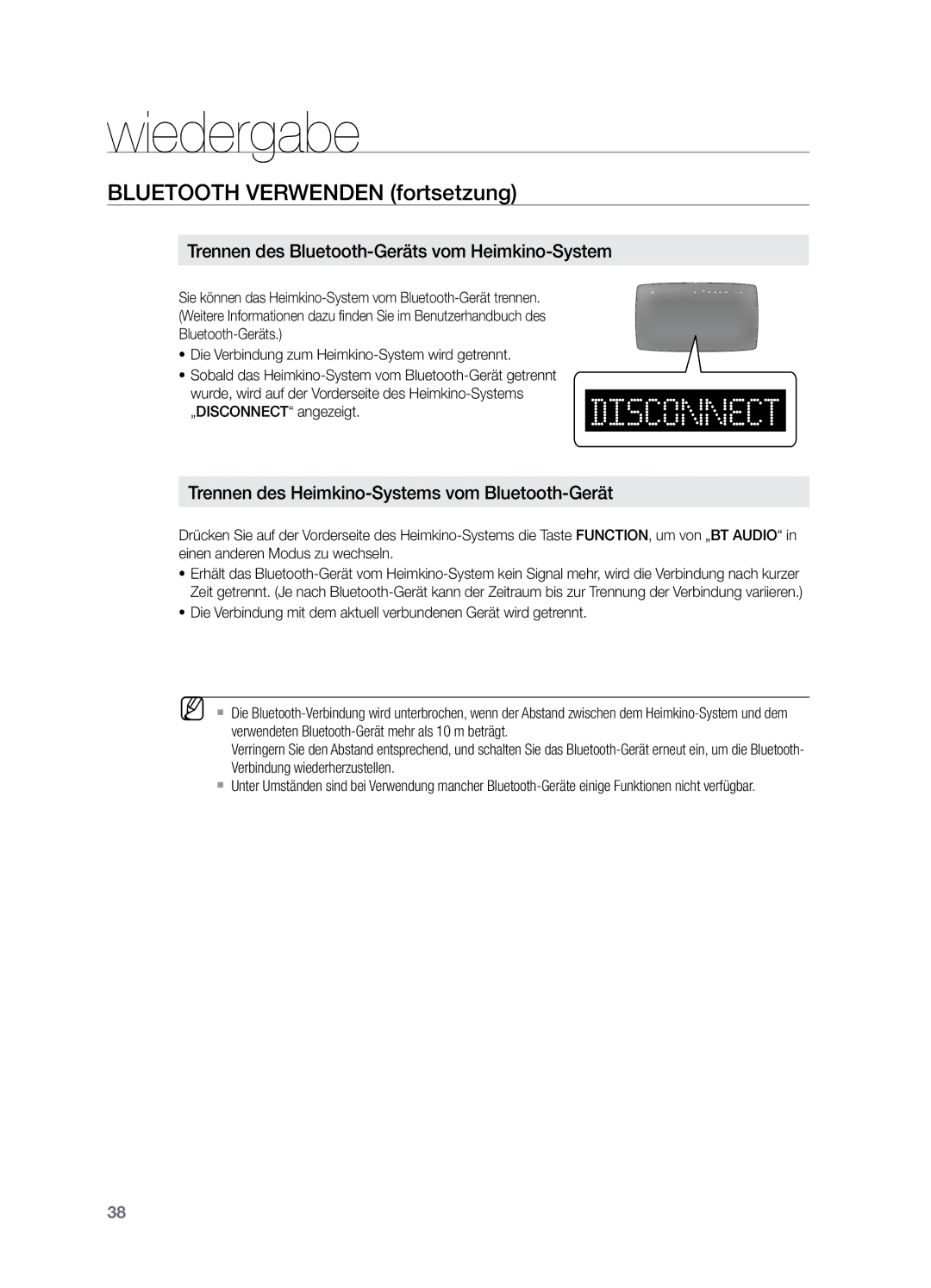 Samsung HT-X729T/XEG manual Bluetooth verwenden fortsetzung, Trennen des Bluetooth-Geräts vom Heimkino-System 