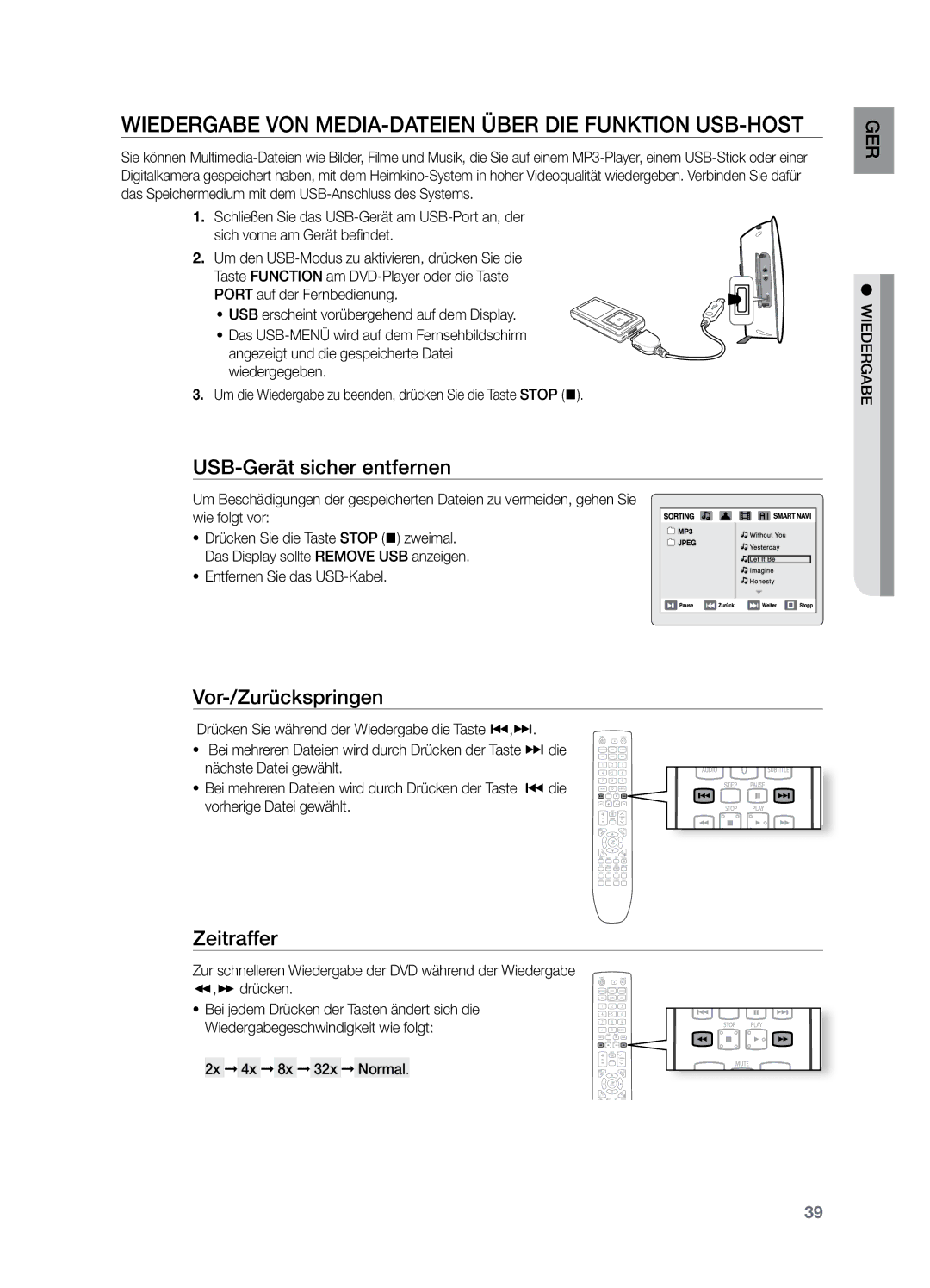 Samsung HT-X729T/XEG manual Wiedergabe von Media-Dateien über die Funktion USB-Host, USB-Gerät sicher entfernen 