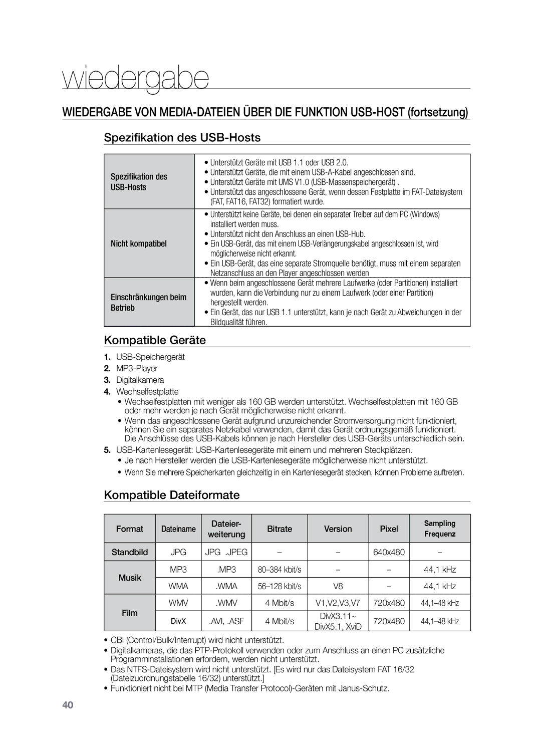 Samsung HT-X729T/XEG manual Spezifikation des USB-Hosts, Kompatible Geräte, Kompatible Dateiformate 