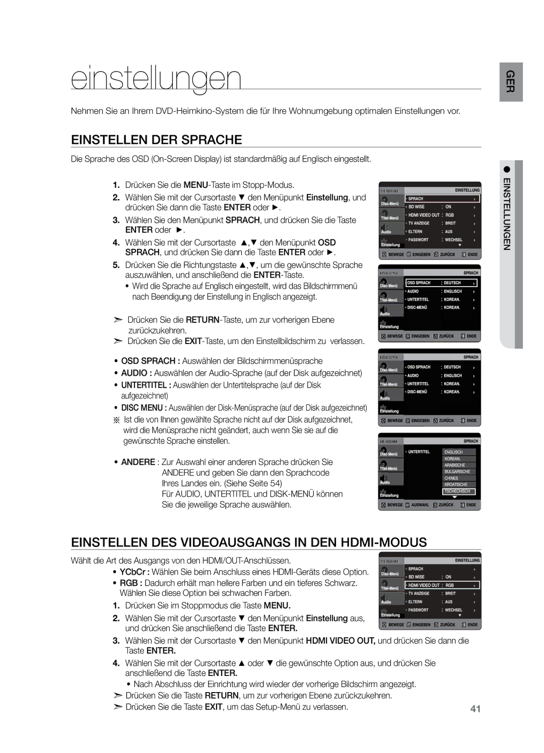 Samsung HT-X729T/XEG manual Einstellungen, Einstellen der Sprache, Einstellen des Videoausgangs in DEN HDMI-MODUS 