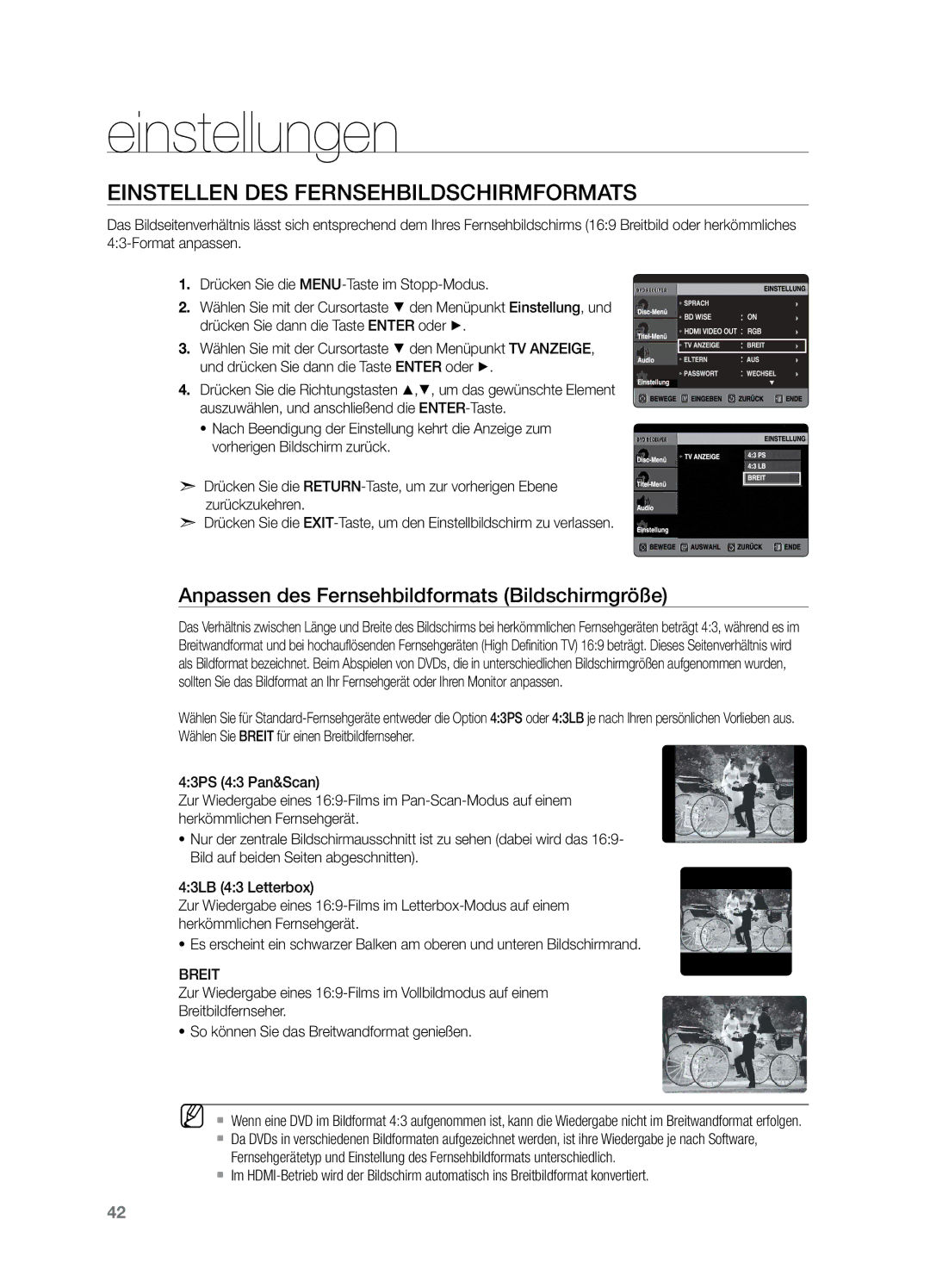 Samsung HT-X729T/XEG manual Einstellen des Fernsehbildschirmformats, Anpassen des Fernsehbildformats Bildschirmgröße, Breit 