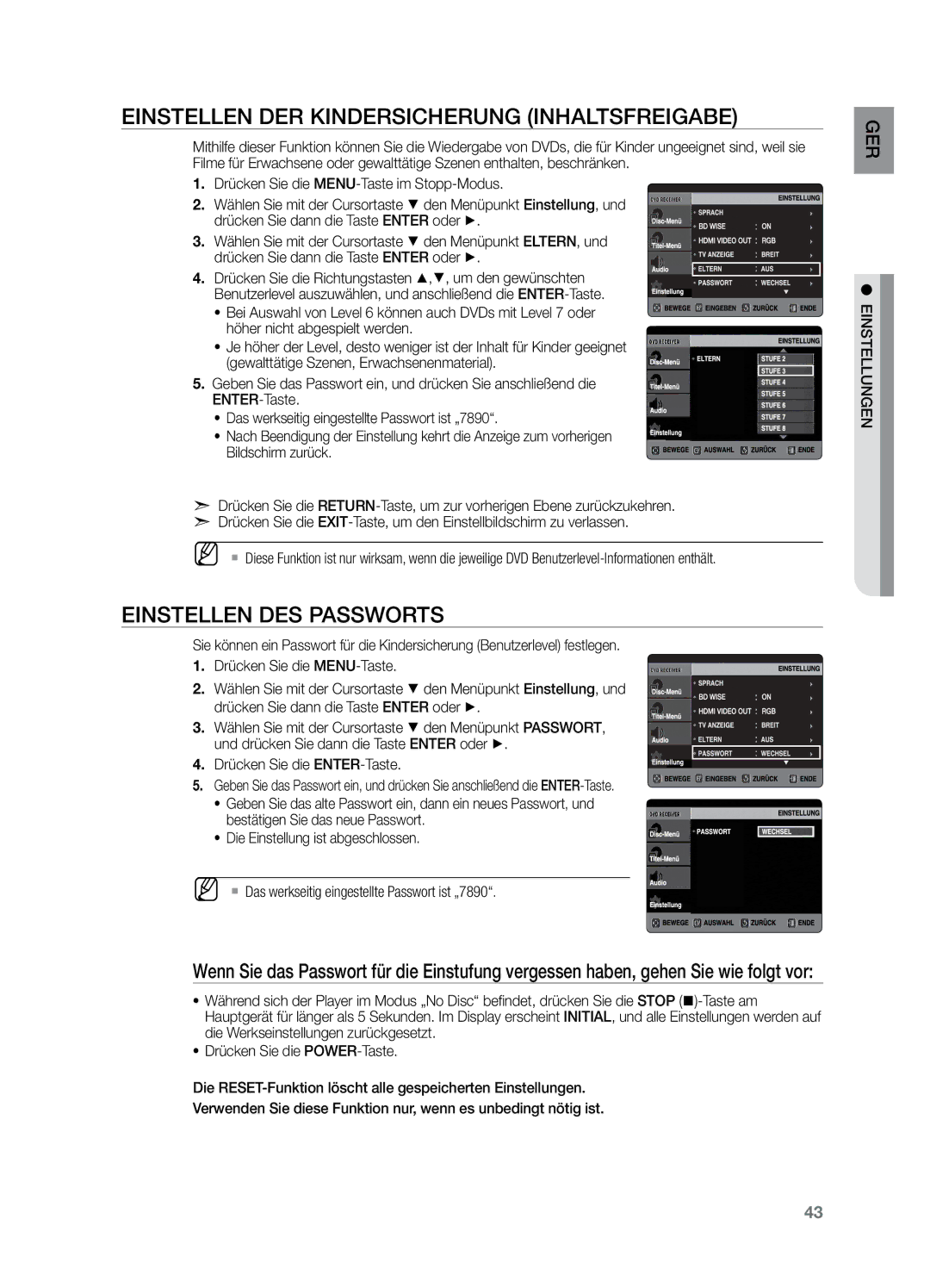 Samsung HT-X729T/XEG manual Einstellen der Kindersicherung Inhaltsfreigabe, Einstellen des Passworts 