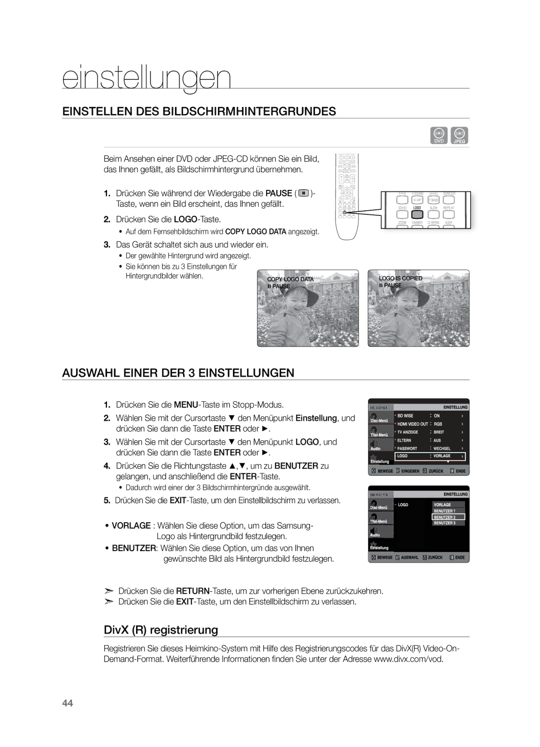 Samsung HT-X729T/XEG manual Einstellen des Bildschirmhintergrundes, Auswahl einer der 3 Einstellungen, DivX R registrierung 