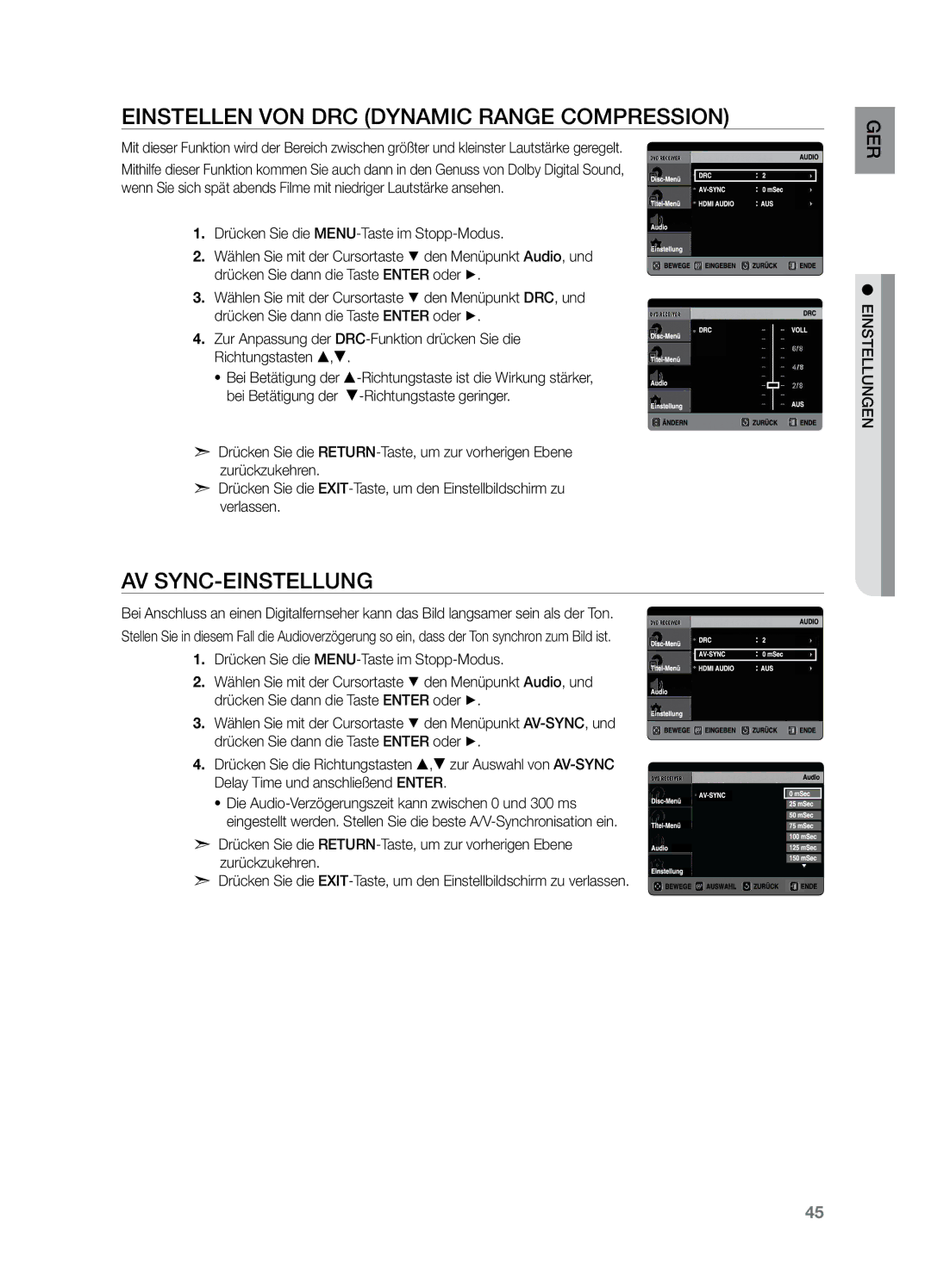 Samsung HT-X729T/XEG manual Einstellen von DRC Dynamic Range Compression, AV SYNC-Einstellung 