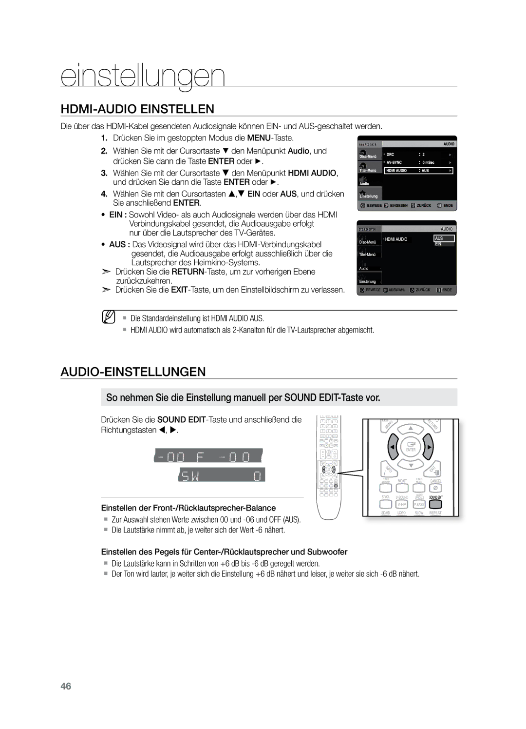 Samsung HT-X729T/XEG manual HDMI-Audio einstellen, Audio-Einstellungen, Nur über die Lautsprecher des TV-Gerätes 