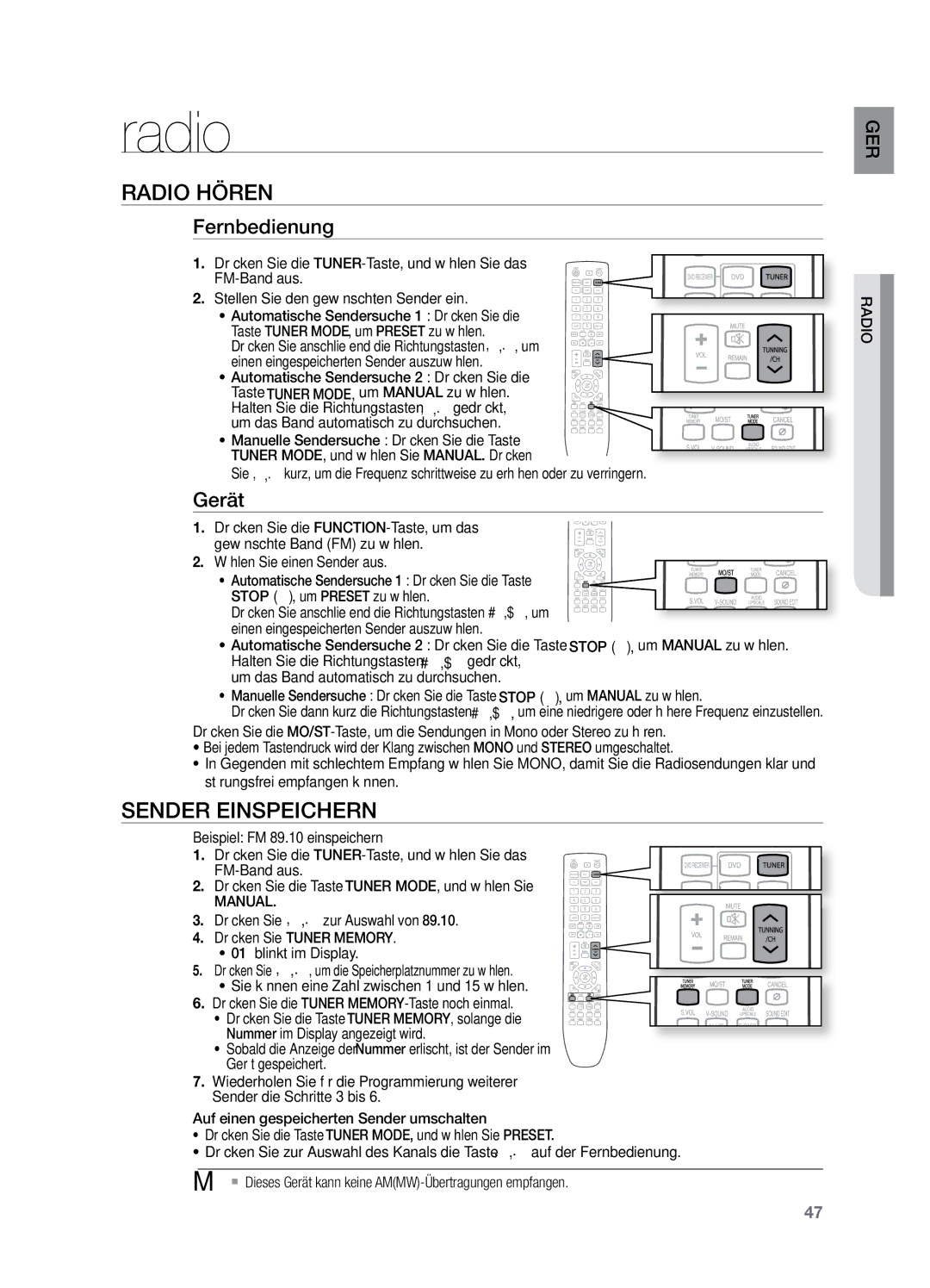 Samsung HT-X729T/XEG manual Radio hören, Sender einspeichern, Fernbedienung, Gerät 