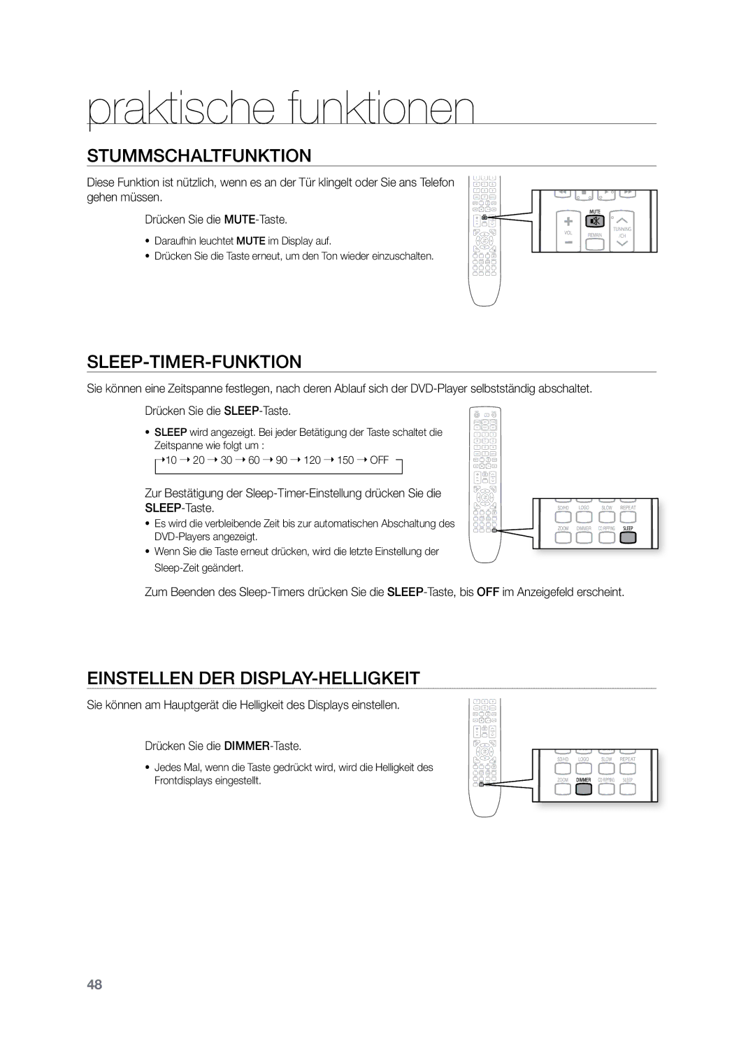 Samsung HT-X729T/XEG Praktische funktionen, Stummschaltfunktion, Sleep-Timer-Funktion, Einstellen der Display-Helligkeit 