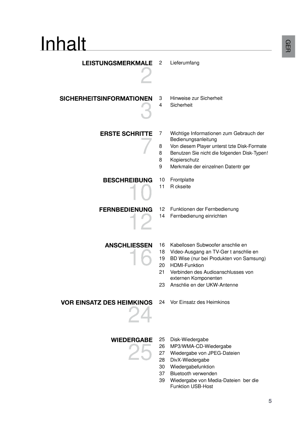 Samsung HT-X729T/XEG manual Inhalt, Lieferumfang, Sicherheit 