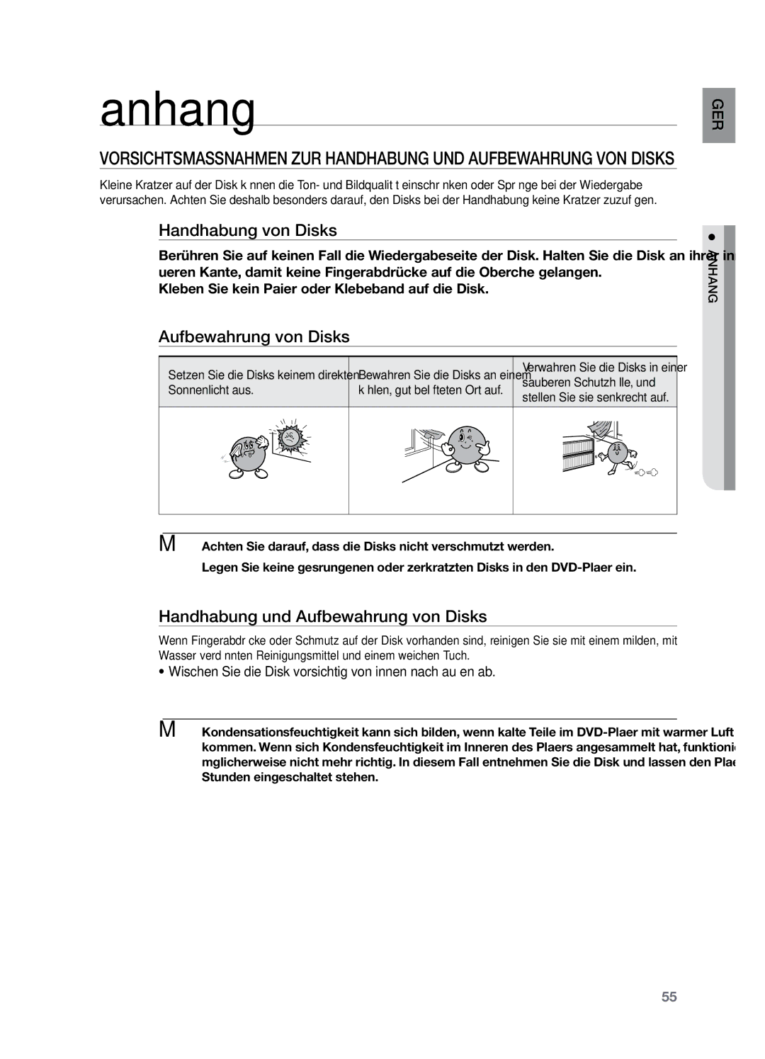 Samsung HT-X729T/XEG manual Anhang, Handhabung von Disks, Handhabung und Aufbewahrung von Disks 