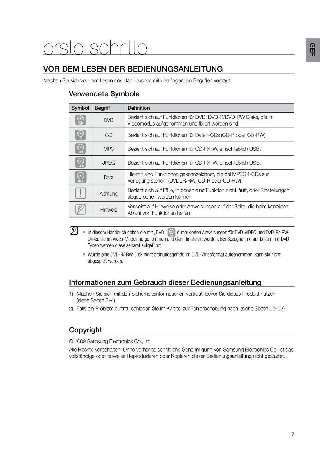 Samsung HT-X729T/XEG manual Erste schritte, Vor dem Lesen DER Bedienungsanleitung, Verwendete Symbole, Copyright 