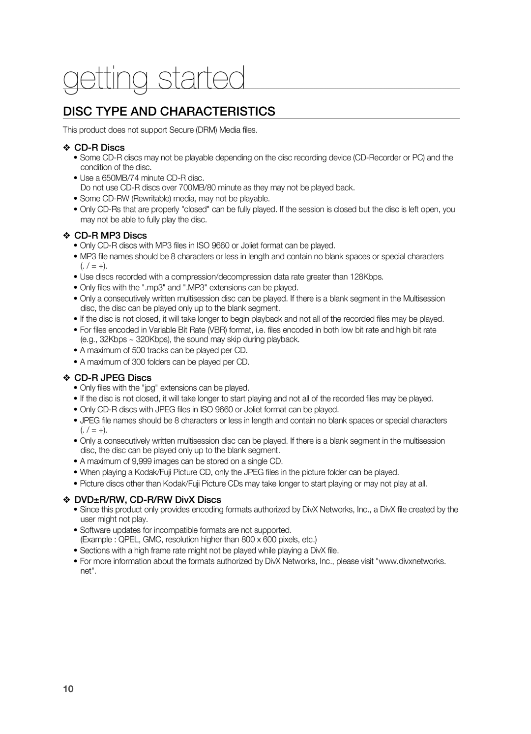 Samsung HT-X810 Disc Type and Characteristics, CD-R Discs, CD-R MP3 Discs, CD-R Jpeg Discs, DVD±R/RW, CD-R/RW DivX Discs 