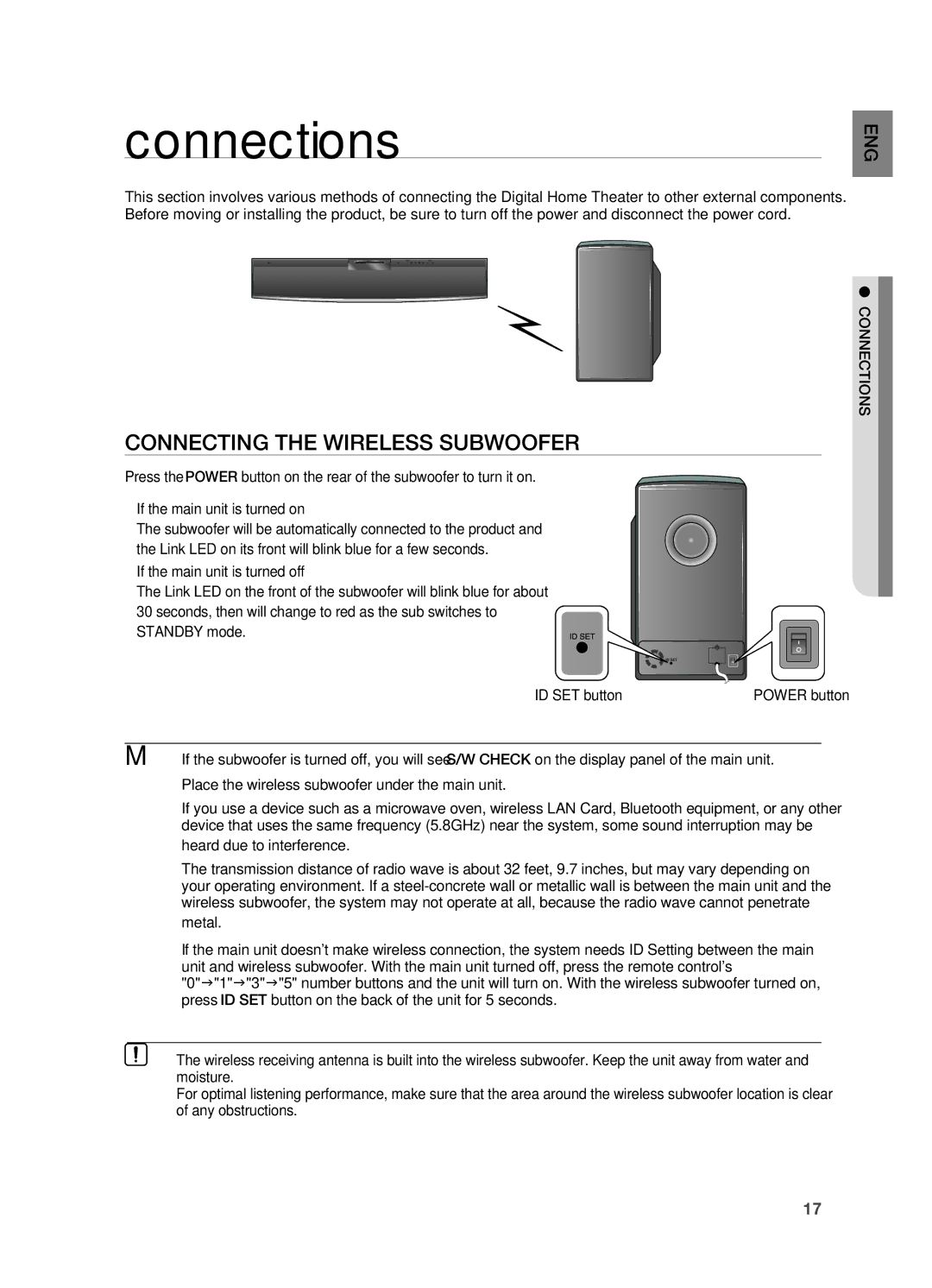 Samsung HT-X810 user manual Connections, Connecting the WIrElESS SUBWOOFEr 