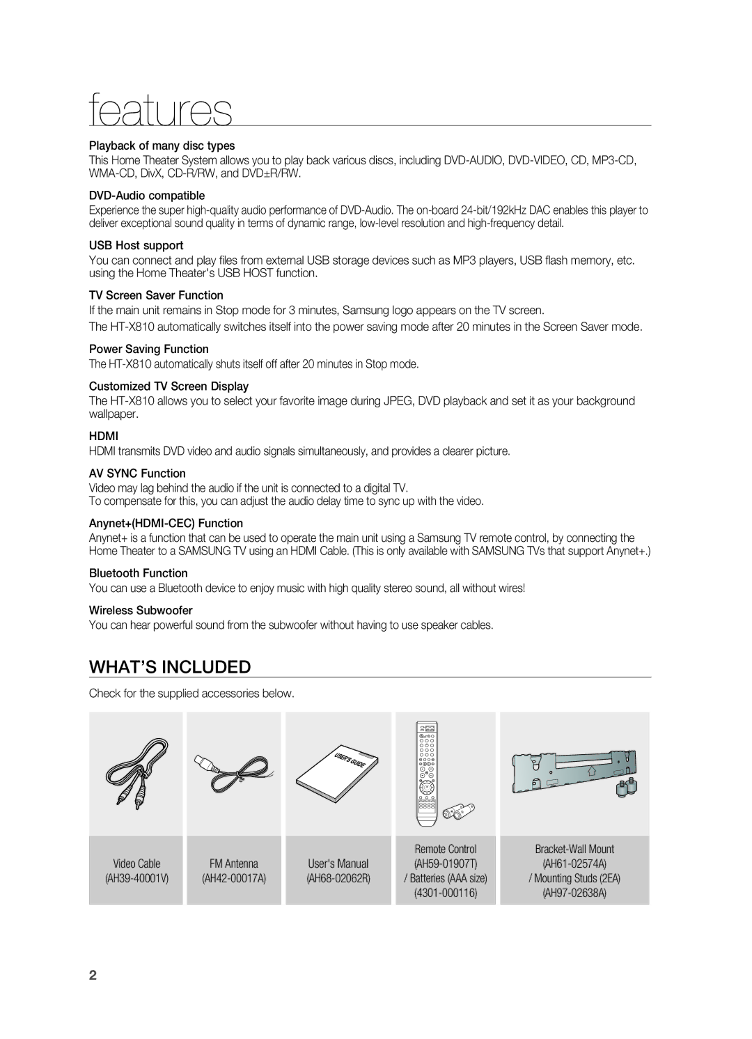 Samsung HT-X810 user manual Features, What’s included, Hdmi, Bracket-Wall Mount AH61-02574A 