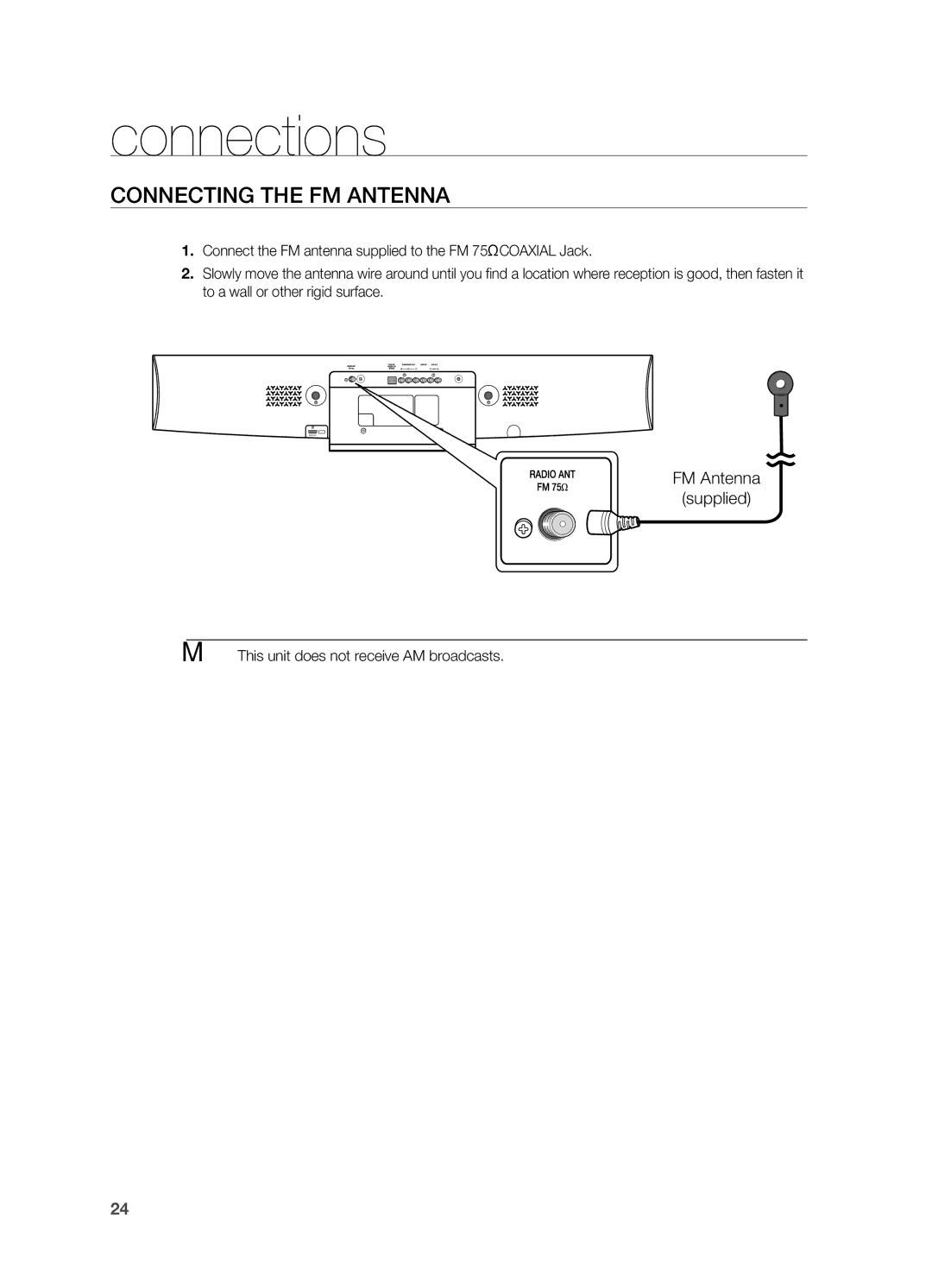 Samsung HT-X810 user manual Connecting the FM Antenna, FM Antenna Supplied, ` This unit does not receive AM broadcasts 